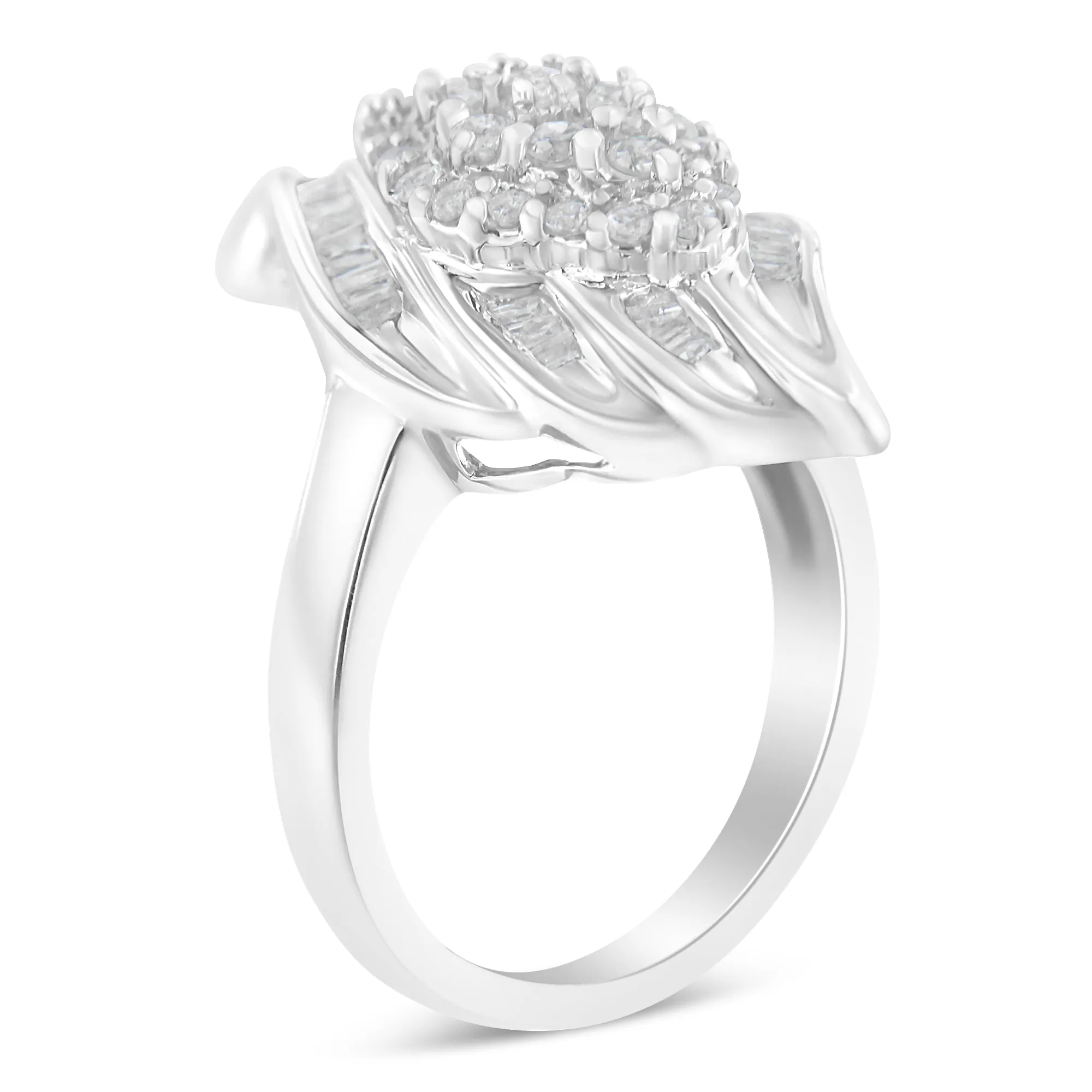 .925 Sterling Silver ¾ Cttw Round and Baguette Cut Diamond Stair-Stepped Cluster Waterfall Cocktail Ring