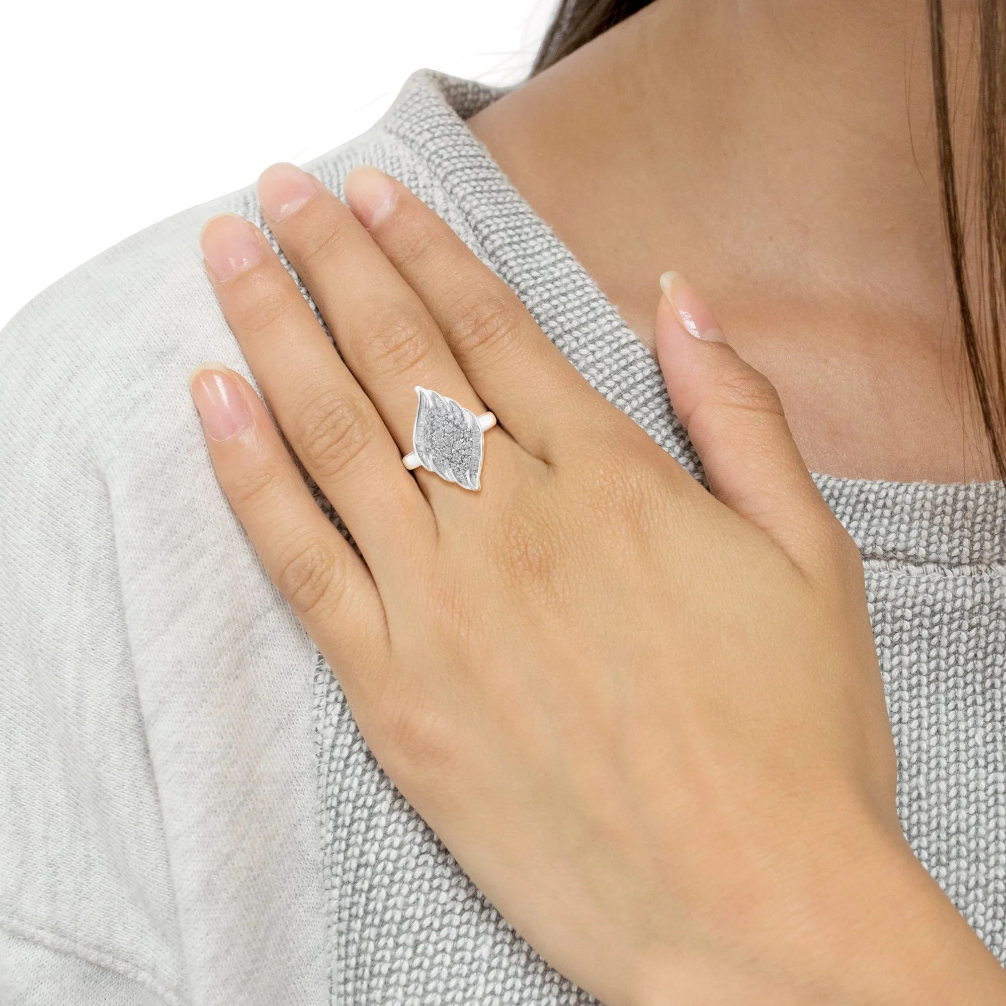 .925 Sterling Silver ¾ Cttw Round and Baguette Cut Diamond Stair-Stepped Cluster Waterfall Cocktail Ring