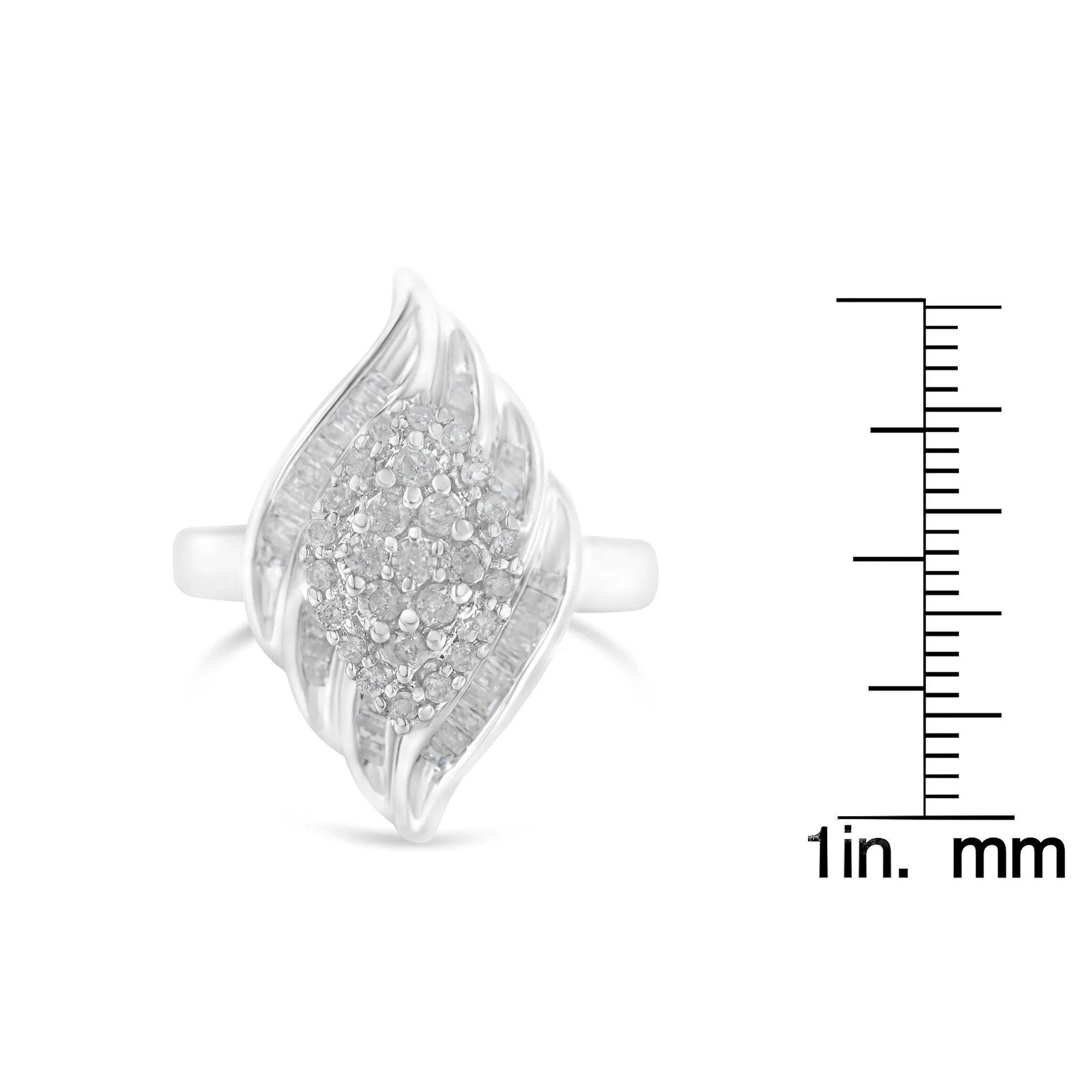 .925 Sterling Silver ¾ Cttw Round and Baguette Cut Diamond Stair-Stepped Cluster Waterfall Cocktail Ring