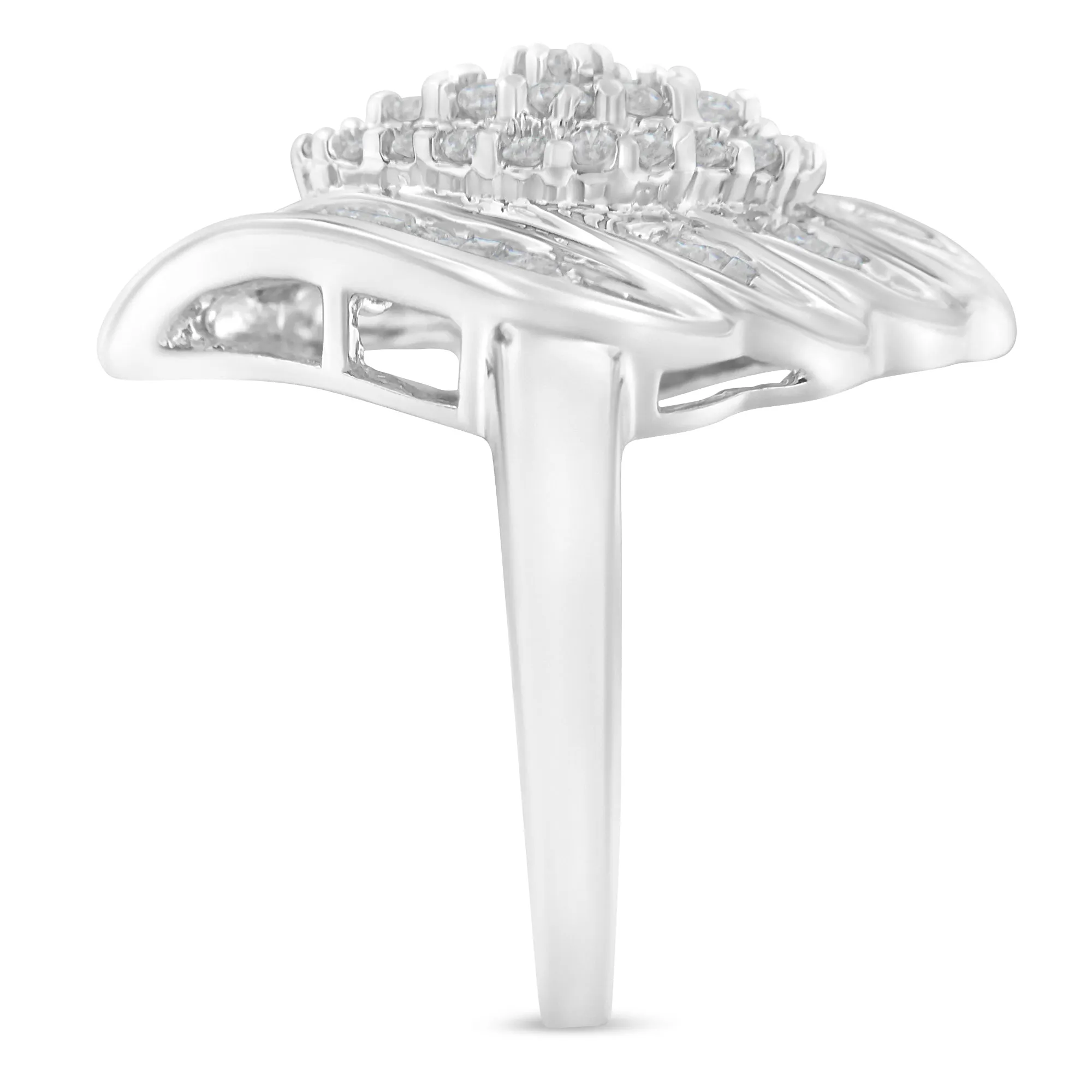 .925 Sterling Silver ¾ Cttw Round and Baguette Cut Diamond Stair-Stepped Cluster Waterfall Cocktail Ring