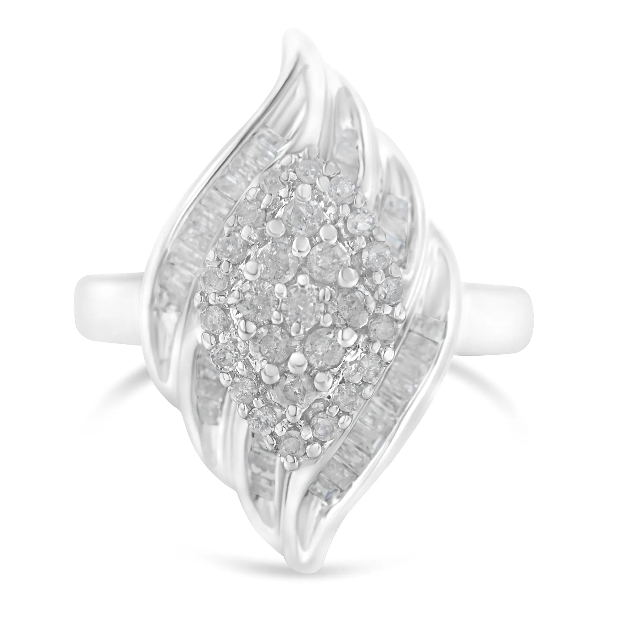 .925 Sterling Silver ¾ Cttw Round and Baguette Cut Diamond Stair-Stepped Cluster Waterfall Cocktail Ring