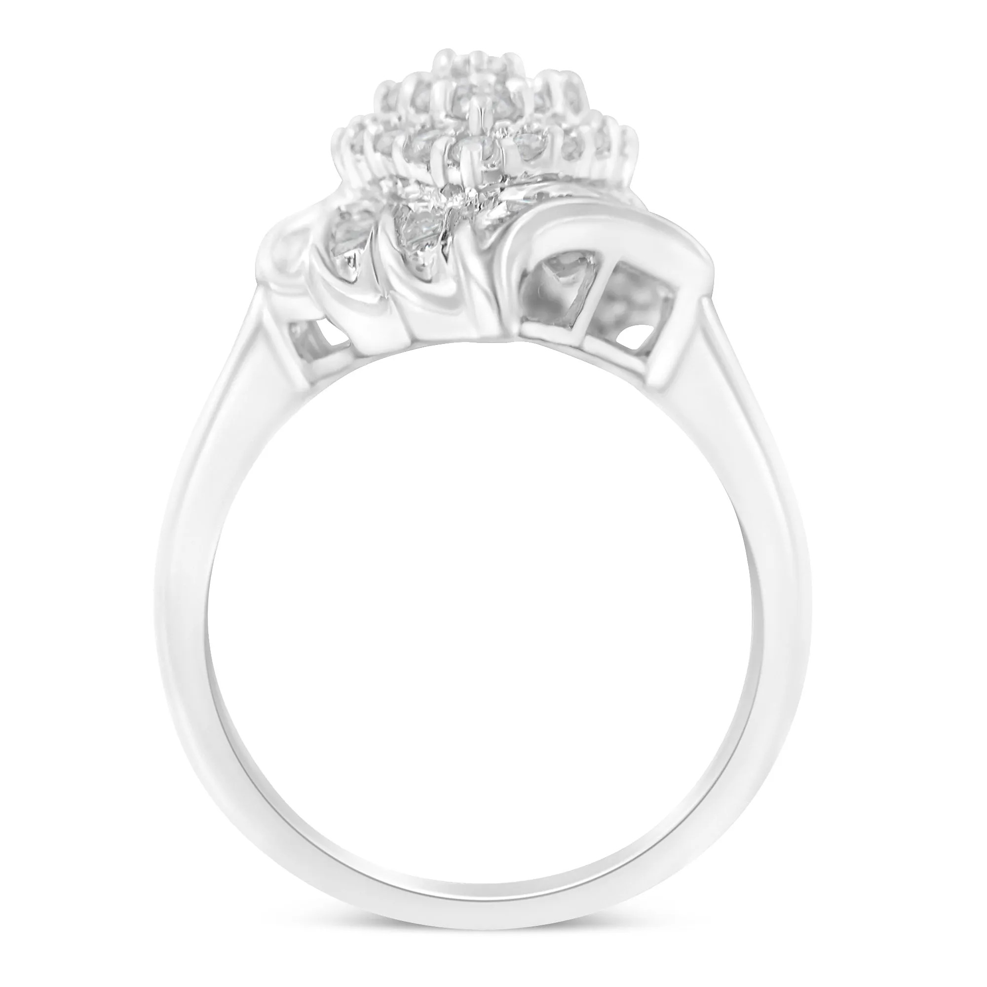 .925 Sterling Silver ¾ Cttw Round and Baguette Cut Diamond Stair-Stepped Cluster Waterfall Cocktail Ring