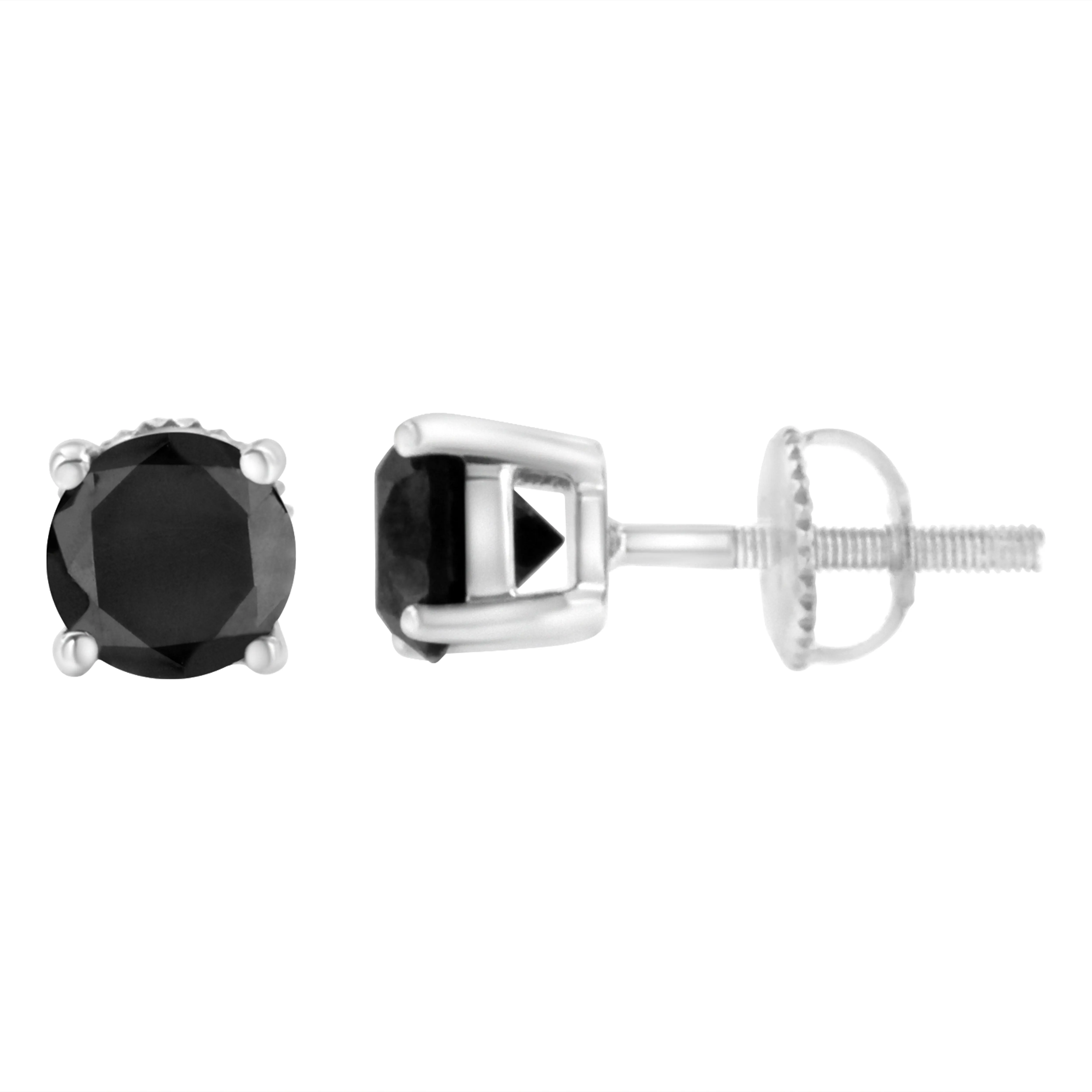 .925 Sterling Silver Round Brilliant-Cut Black Diamond Classic 4-Prong Stud Earrings with Screw Backs