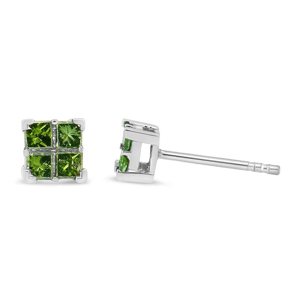 .925 Sterling Silver Treated Green Princess-cut Diamond 4 Stone Composite Quad Stud Earring
