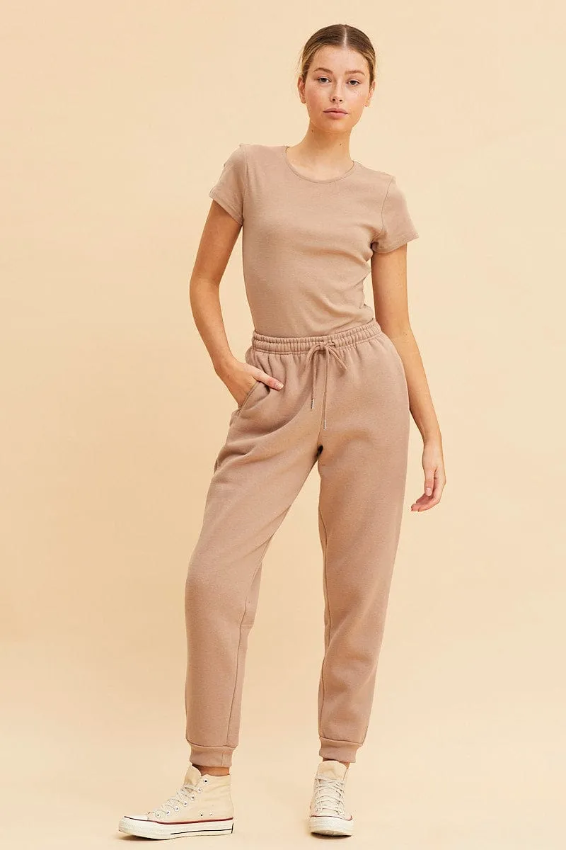 Beige Rib T-Shirt Crew Neck Short Sleeve