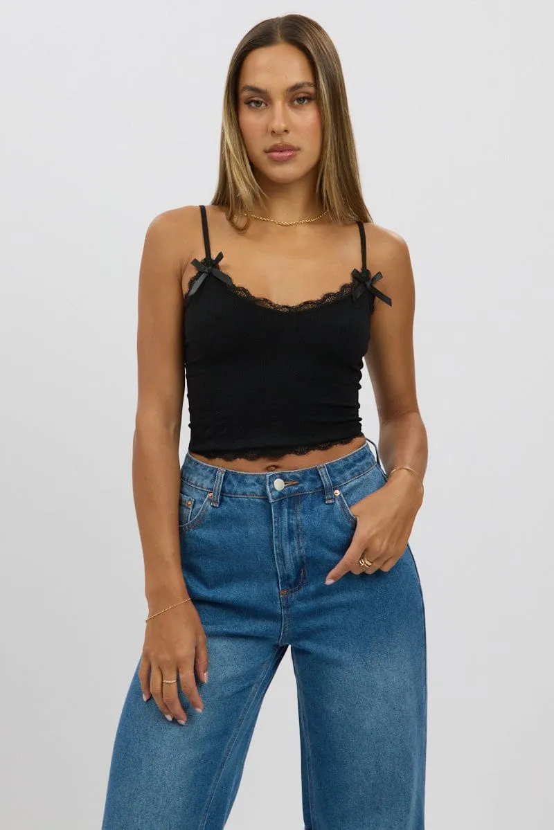 Black Cami Top Ribbon Lace Neck