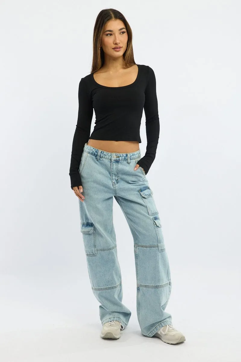 Black Rib Top Long Sleeve Scoop Neck Brushed