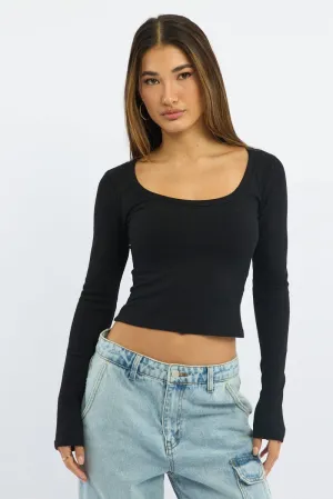 Black Rib Top Long Sleeve Scoop Neck Brushed