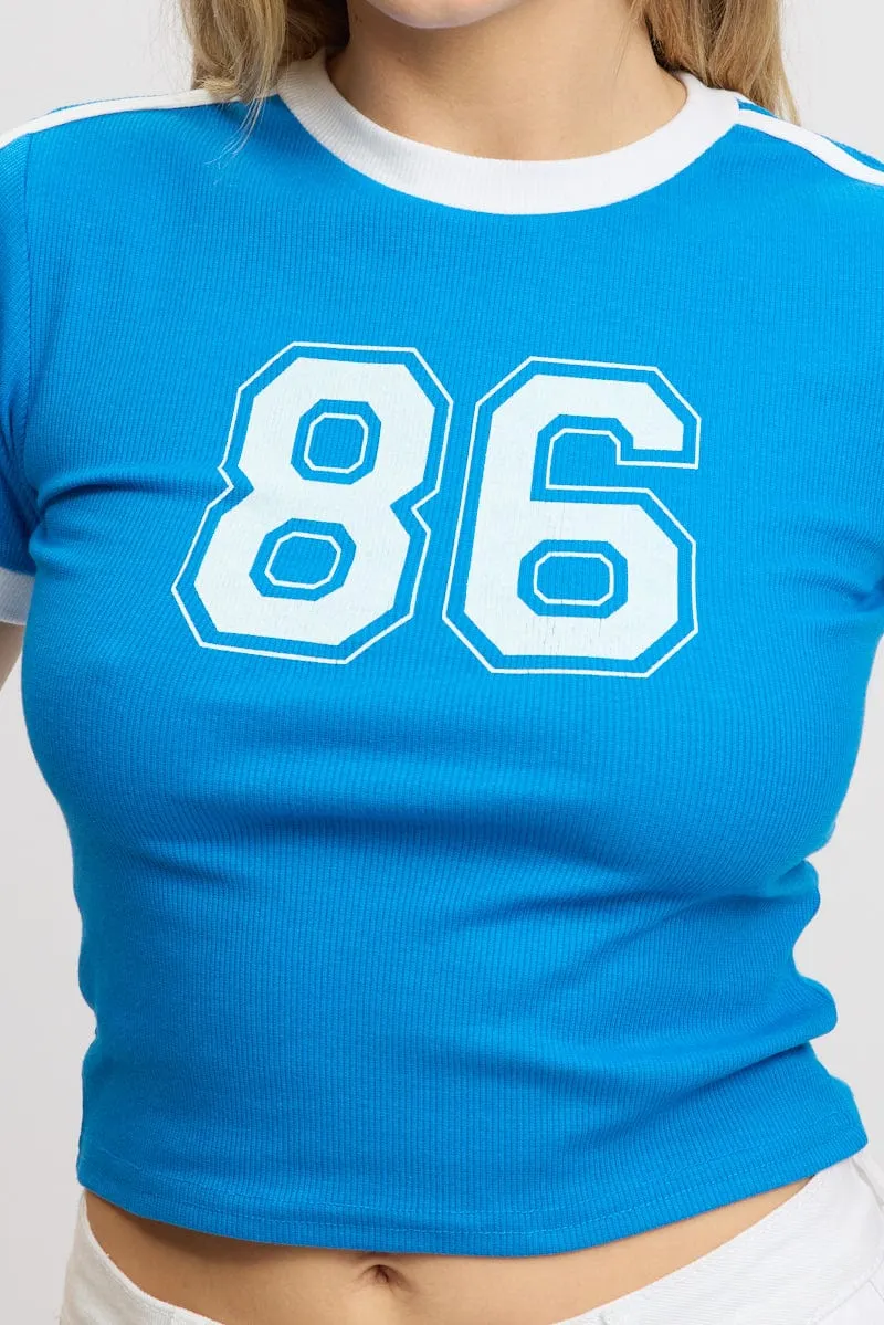 Blue Graphic Tee Short Sleeve Contrast Binding