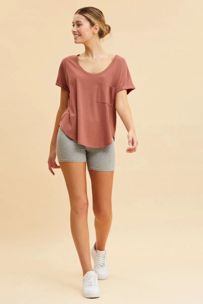 Brown Pocket Tee Scoop Neck Cotton Stretch Short Sleeve