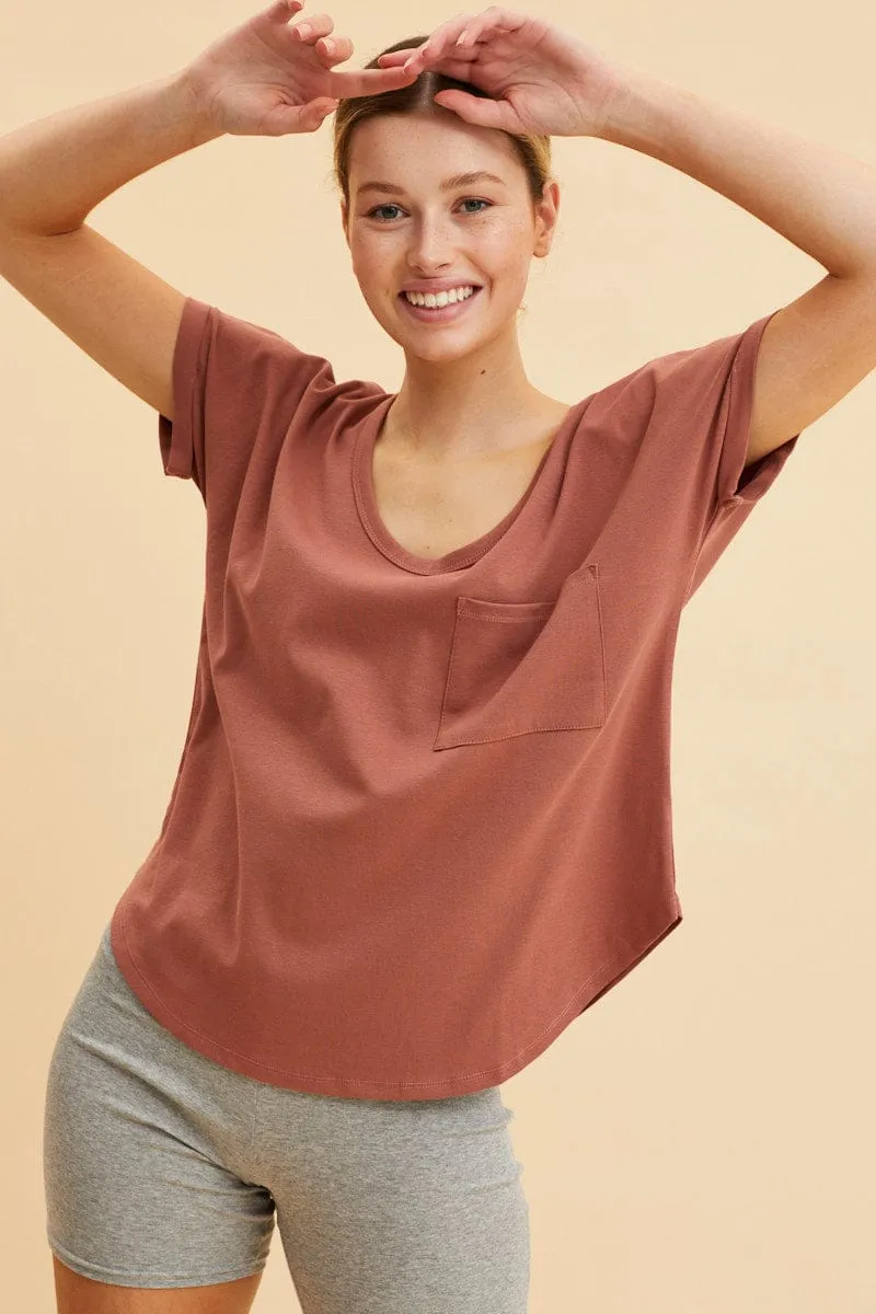 Brown Pocket Tee Scoop Neck Cotton Stretch Short Sleeve