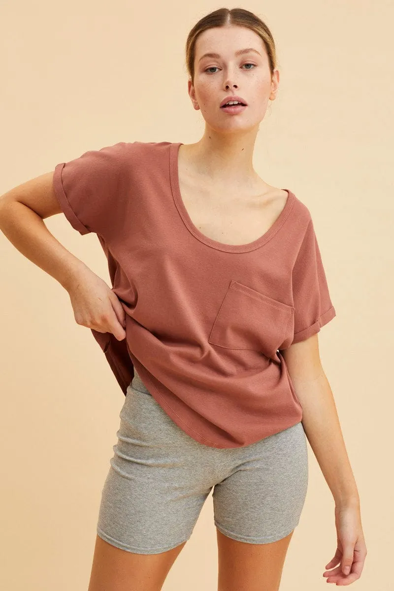Brown Pocket Tee Scoop Neck Cotton Stretch Short Sleeve