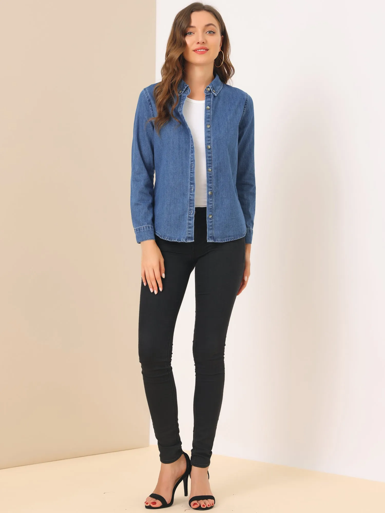 Classic Long Sleeve Button Down Casual Loose Denim Shirt