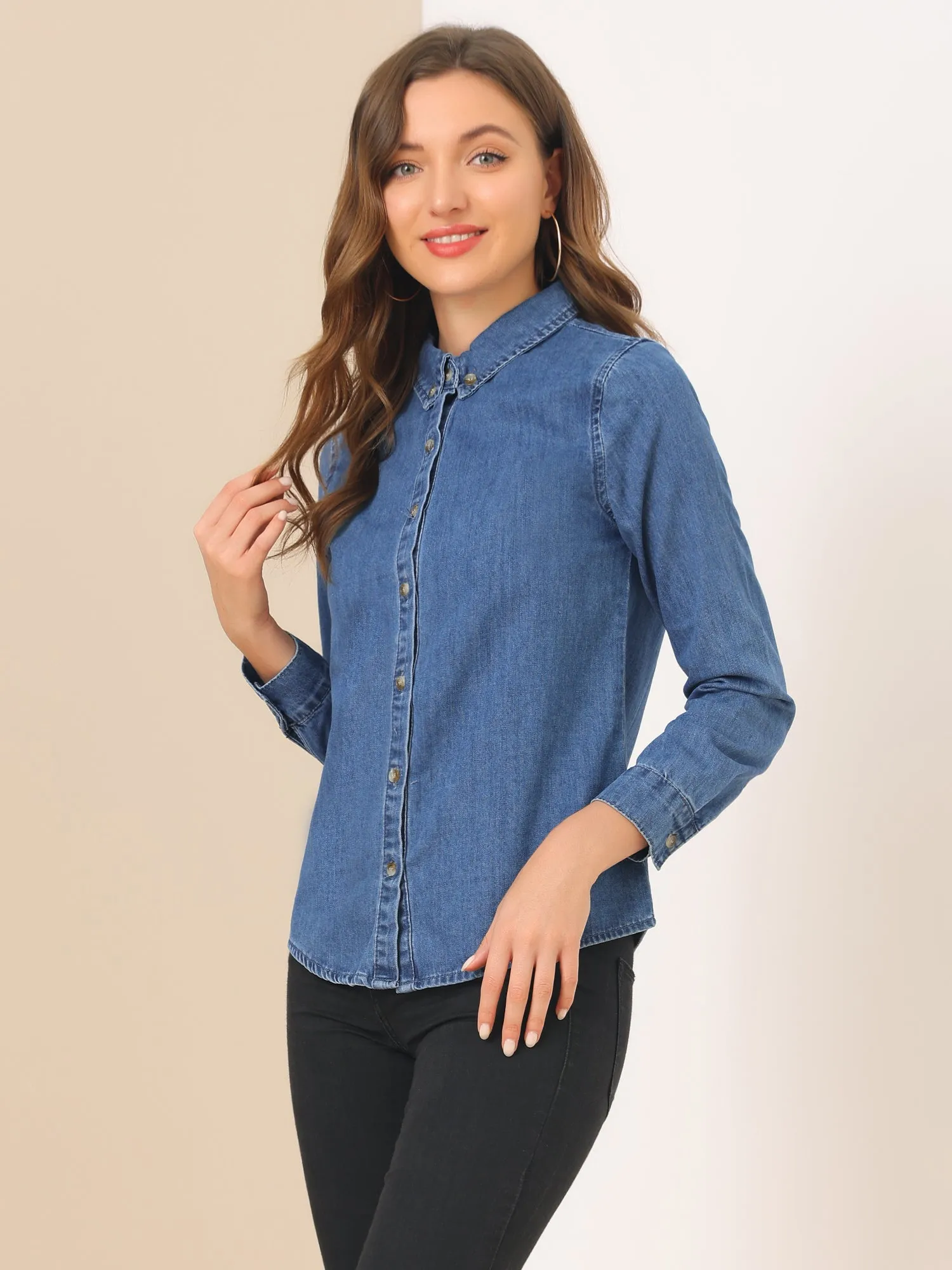 Classic Long Sleeve Button Down Casual Loose Denim Shirt