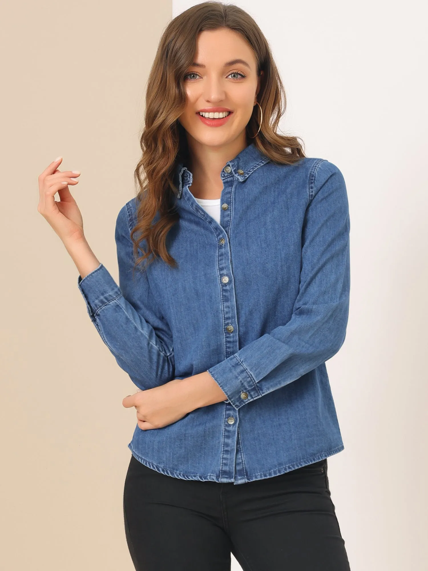 Classic Long Sleeve Button Down Casual Loose Denim Shirt