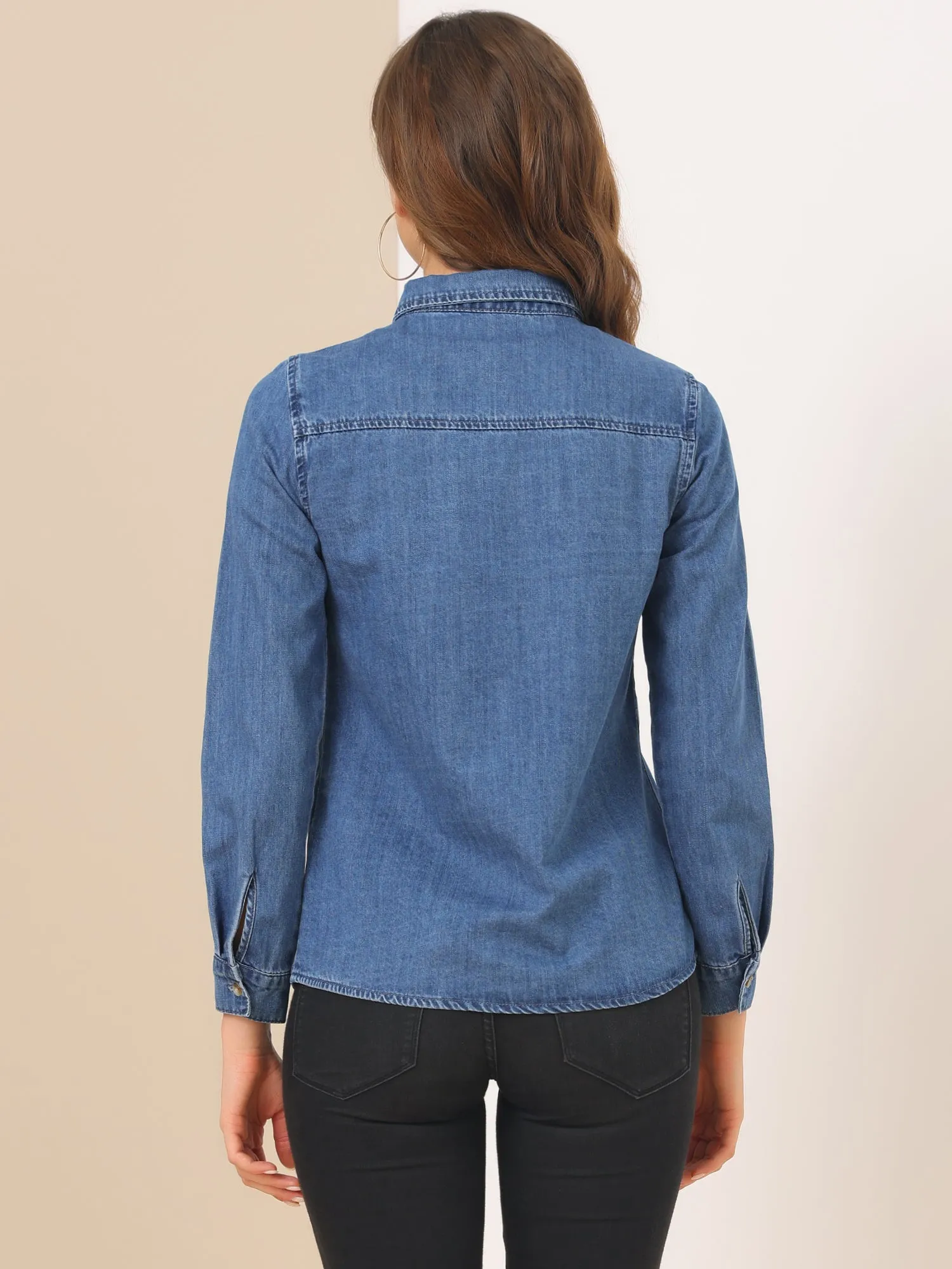 Classic Long Sleeve Button Down Casual Loose Denim Shirt