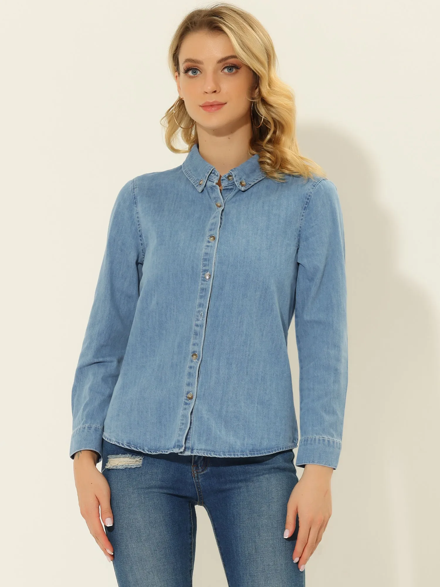 Classic Long Sleeve Button Down Casual Loose Denim Shirt