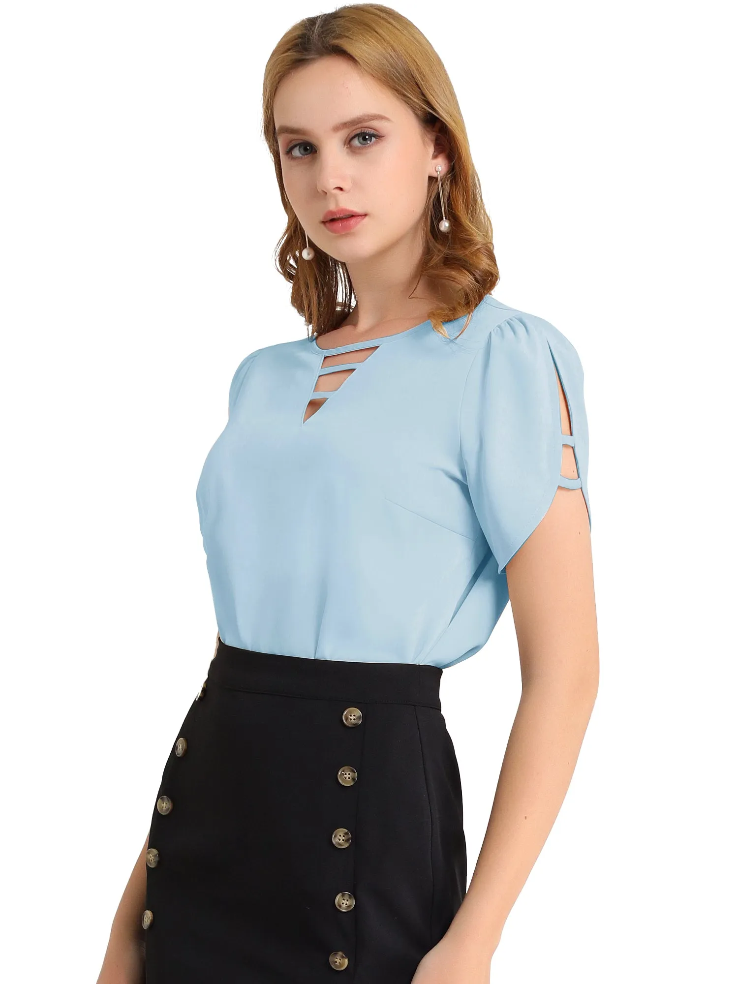 Cutout Round Neck Cap Sleeve Casual Top