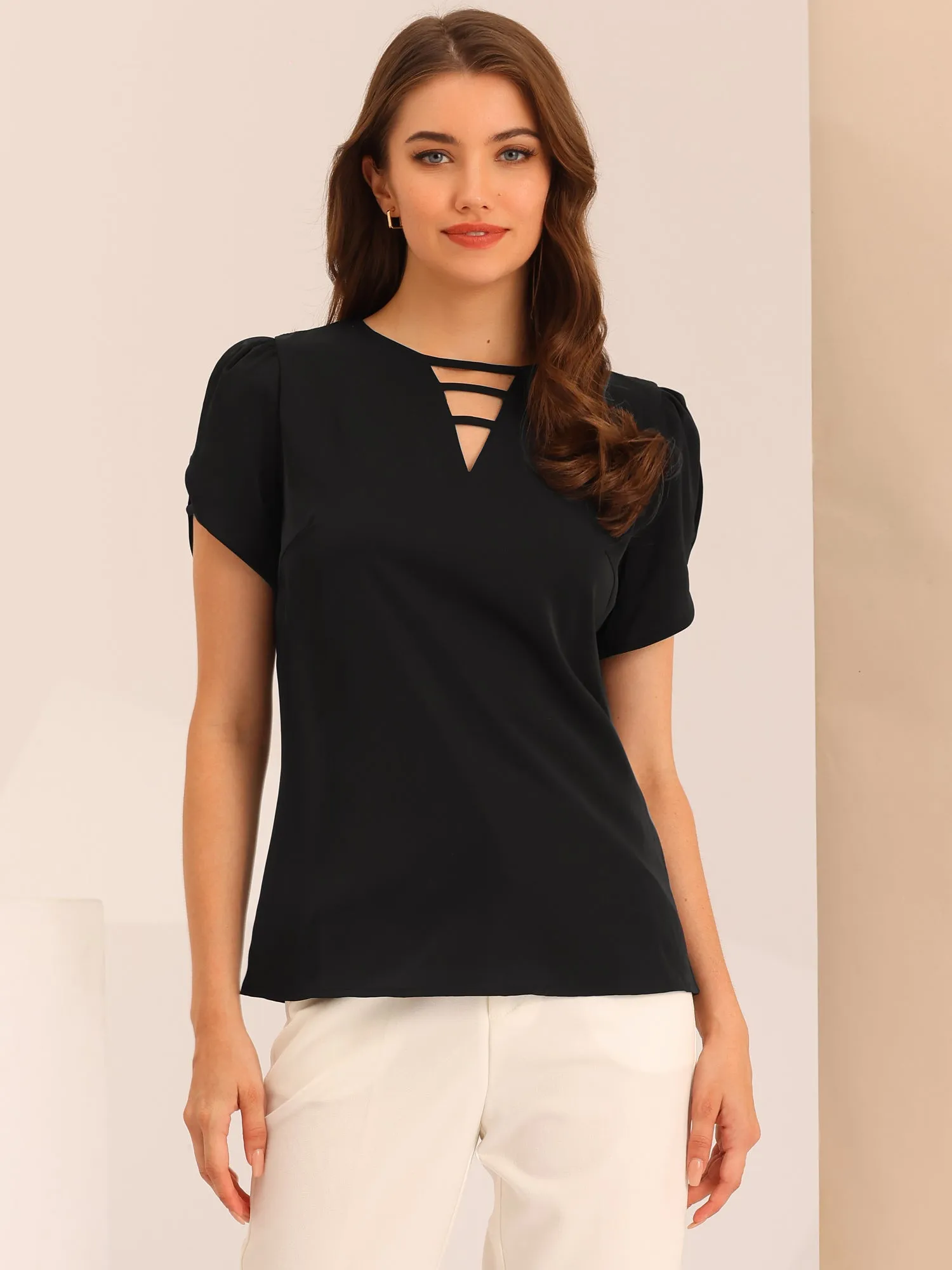 Cutout Round Neck Cap Sleeve Casual Top