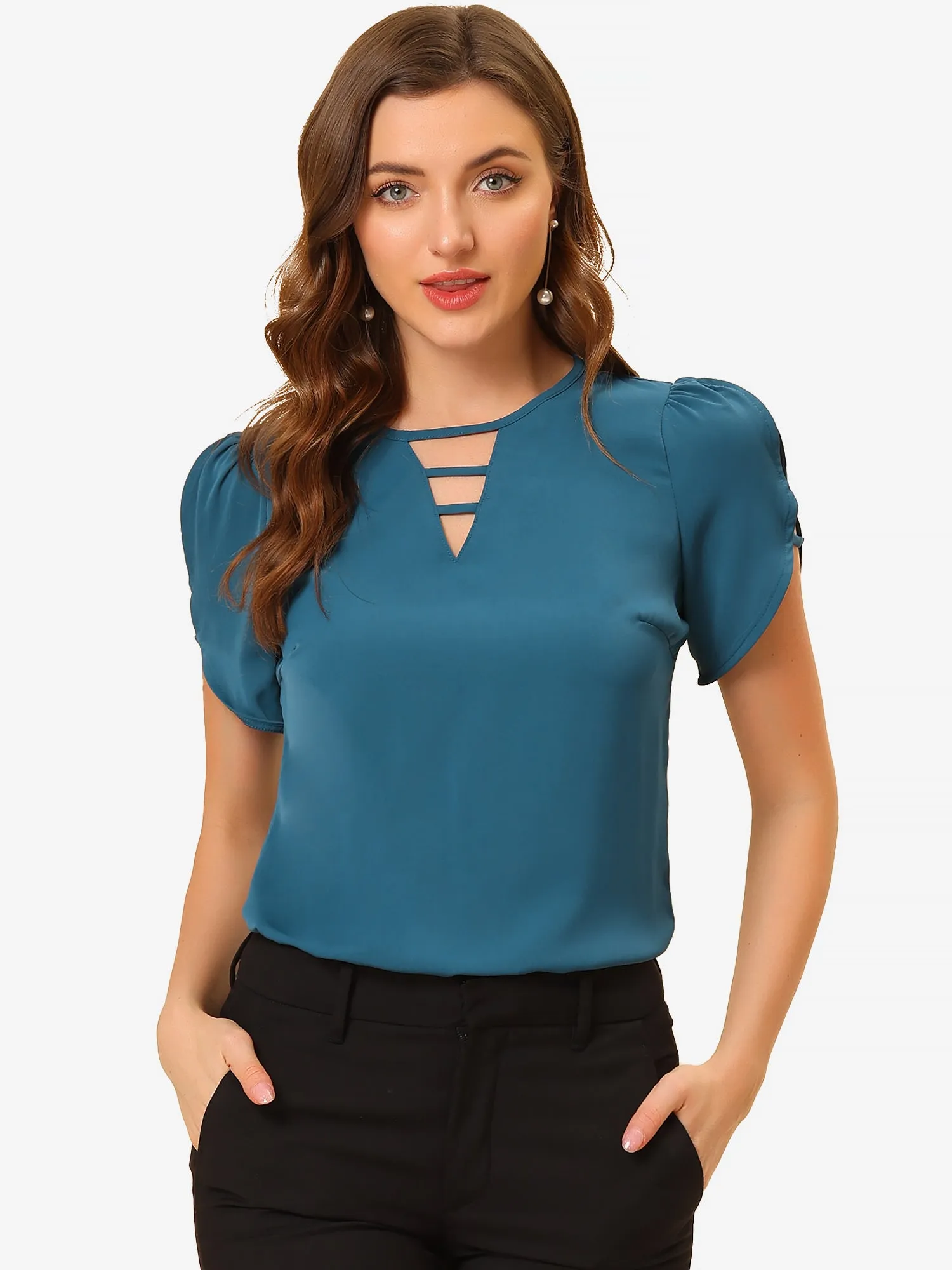 Cutout Round Neck Cap Sleeve Casual Top
