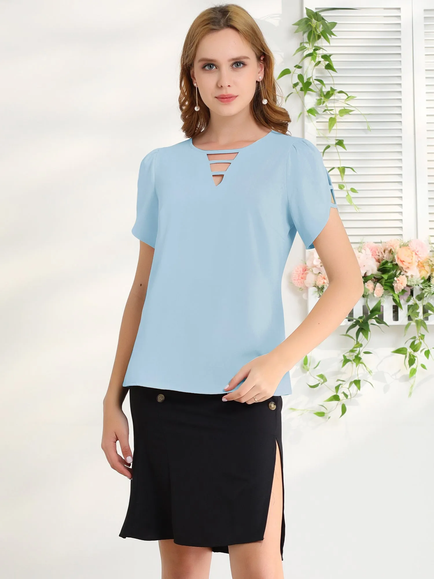 Cutout Round Neck Cap Sleeve Casual Top