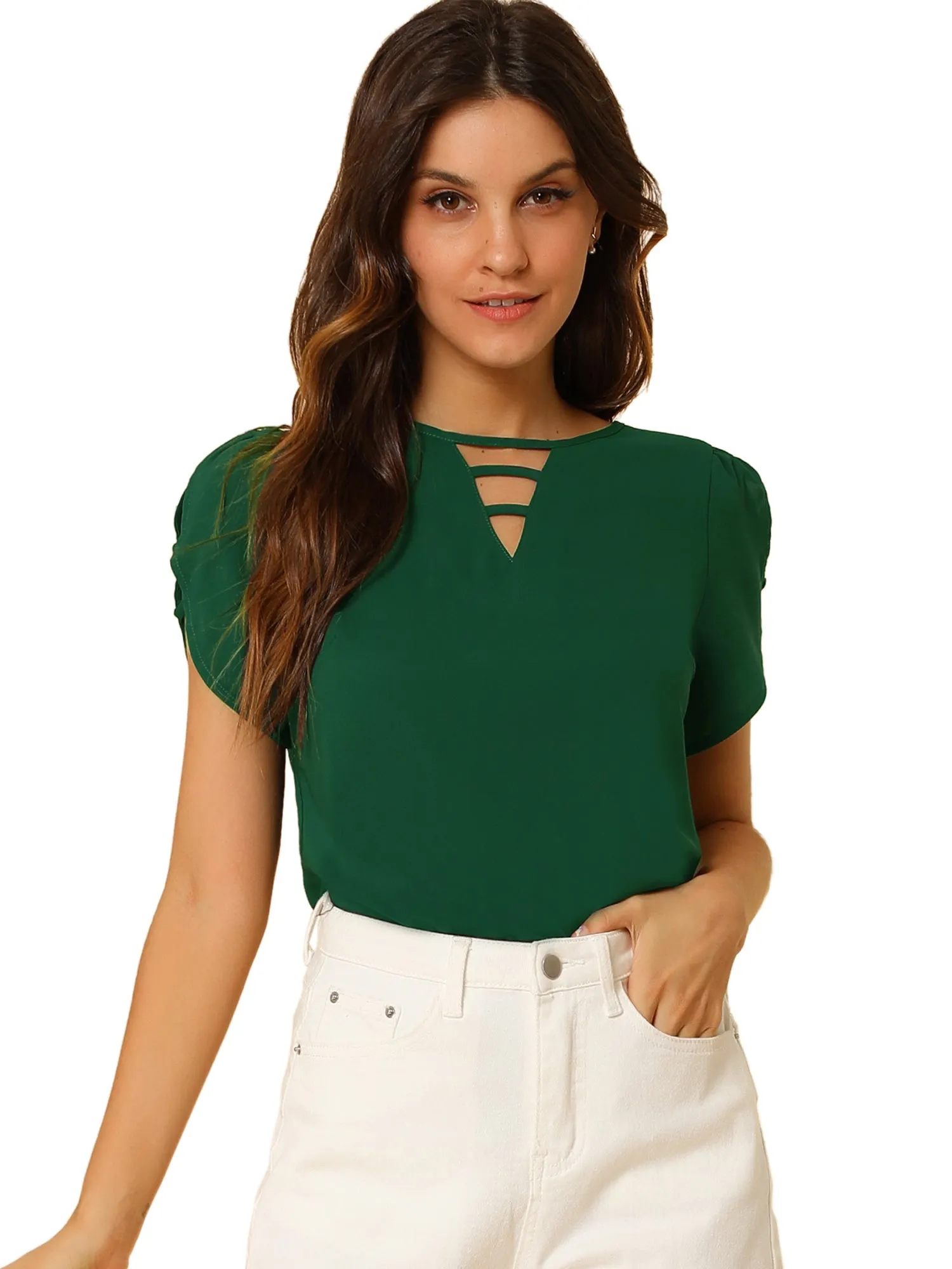 Cutout Round Neck Cap Sleeve Casual Top