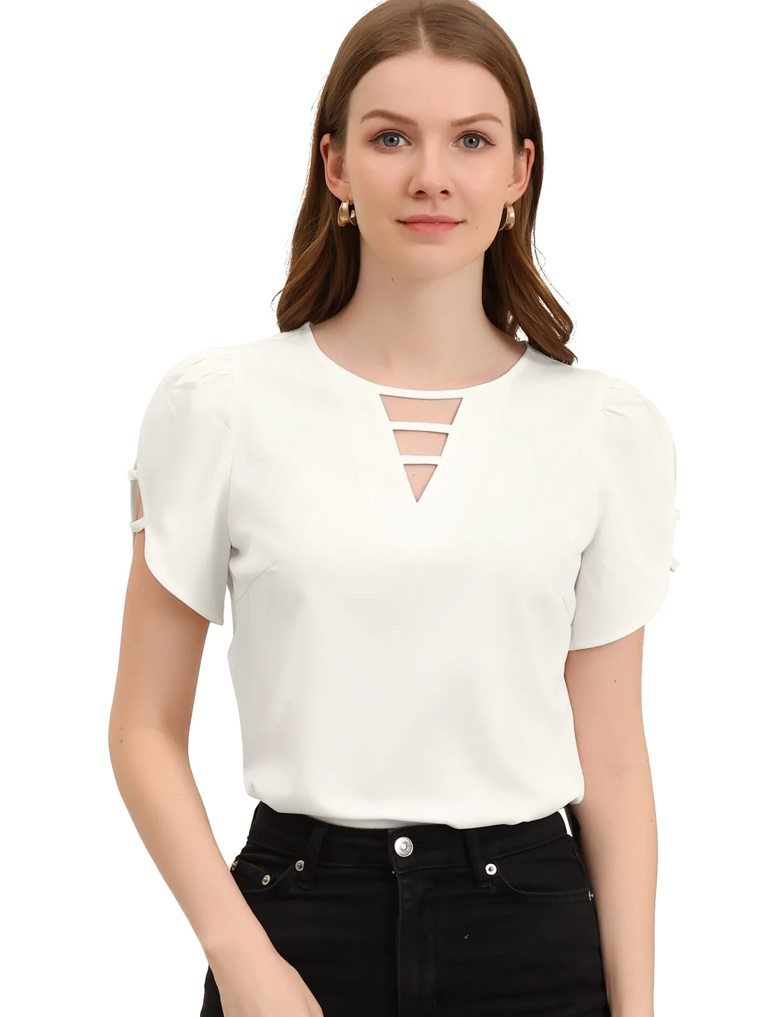 Cutout Round Neck Cap Sleeve Casual Top