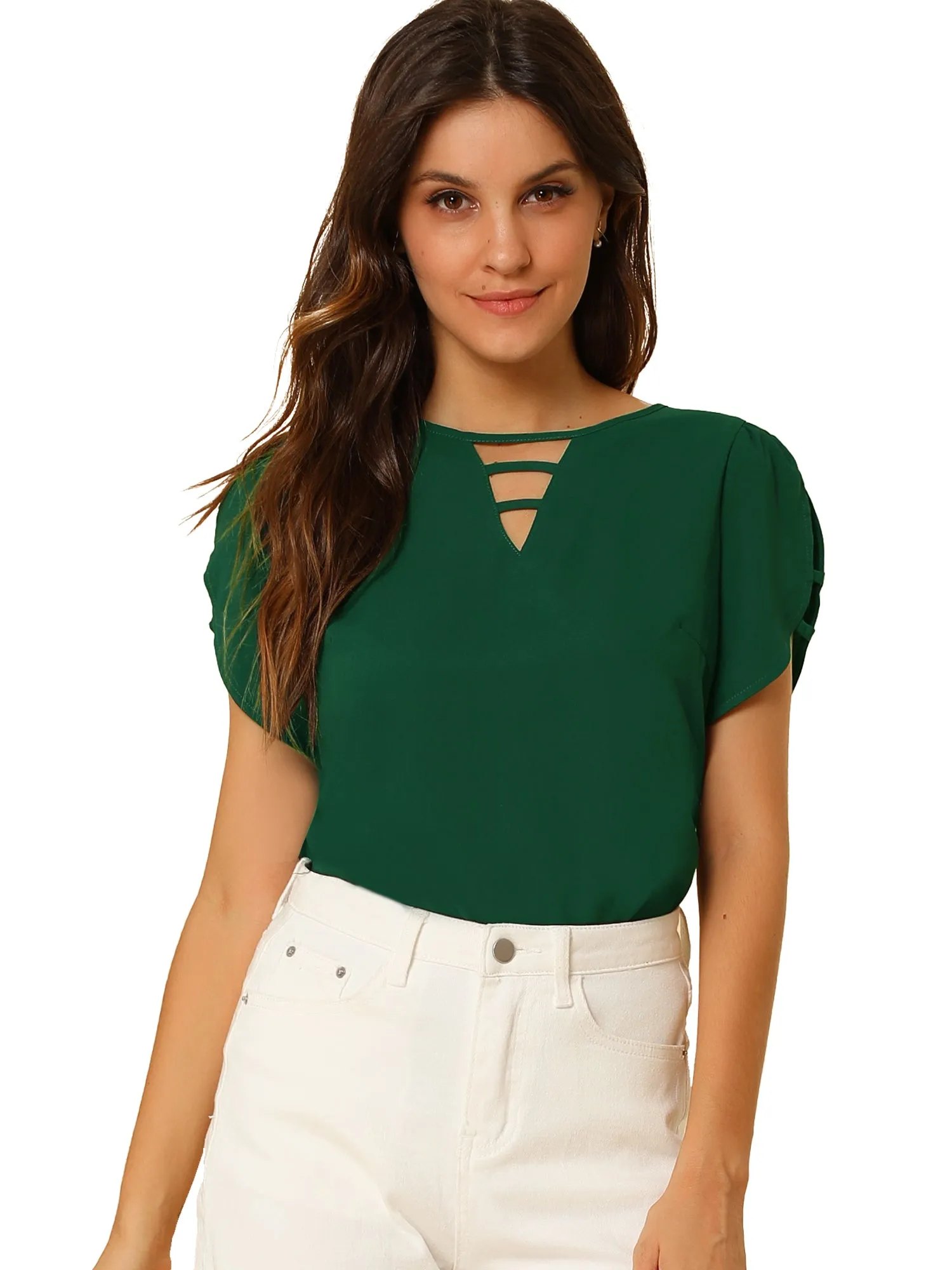 Cutout Round Neck Cap Sleeve Casual Top