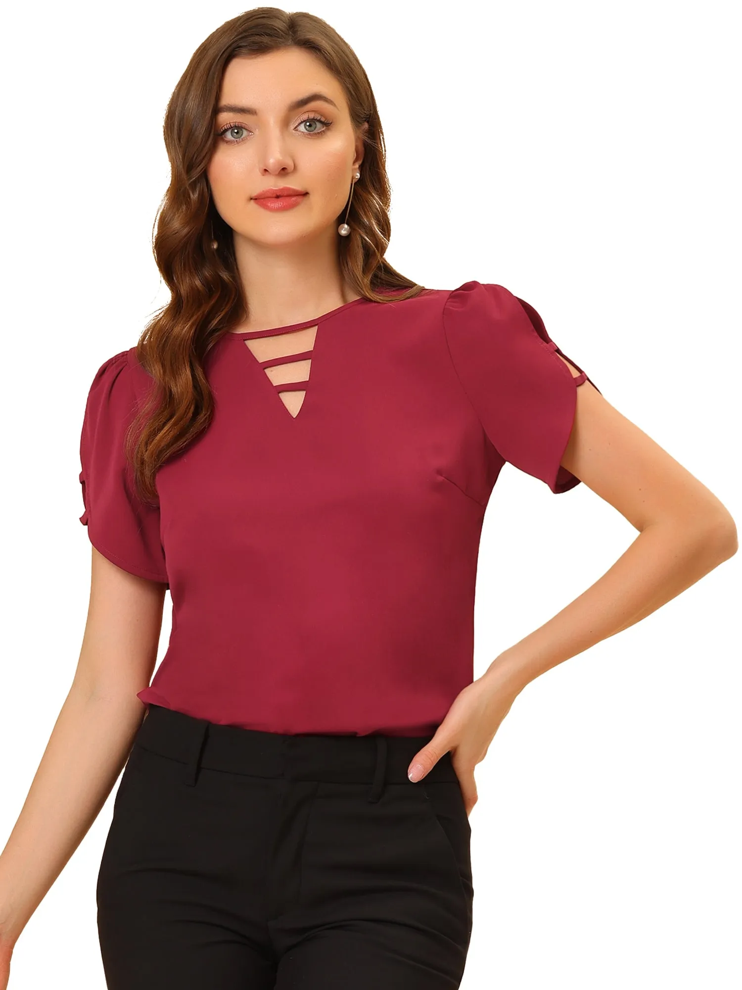 Cutout Round Neck Cap Sleeve Casual Top