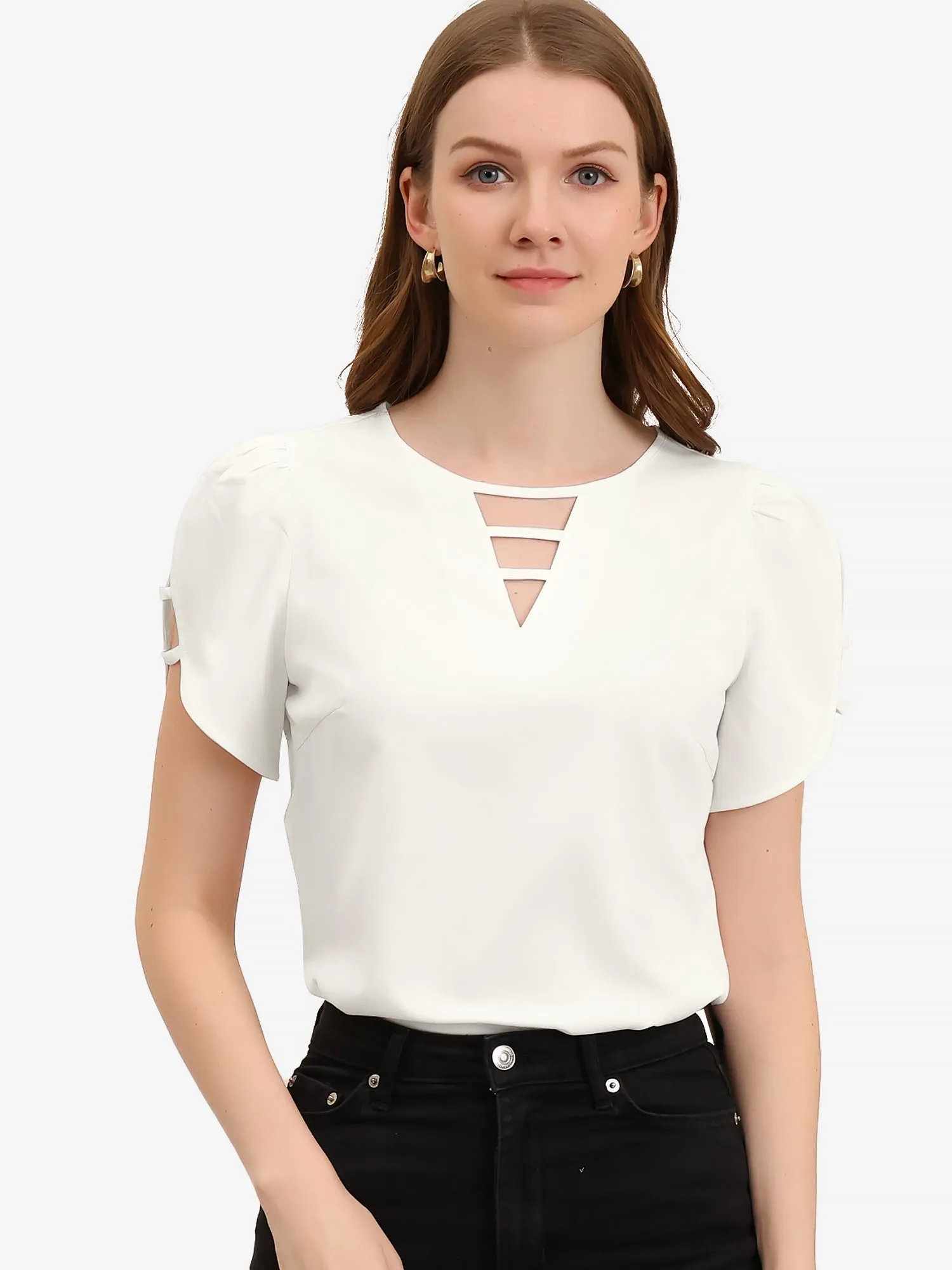 Cutout Round Neck Cap Sleeve Casual Top