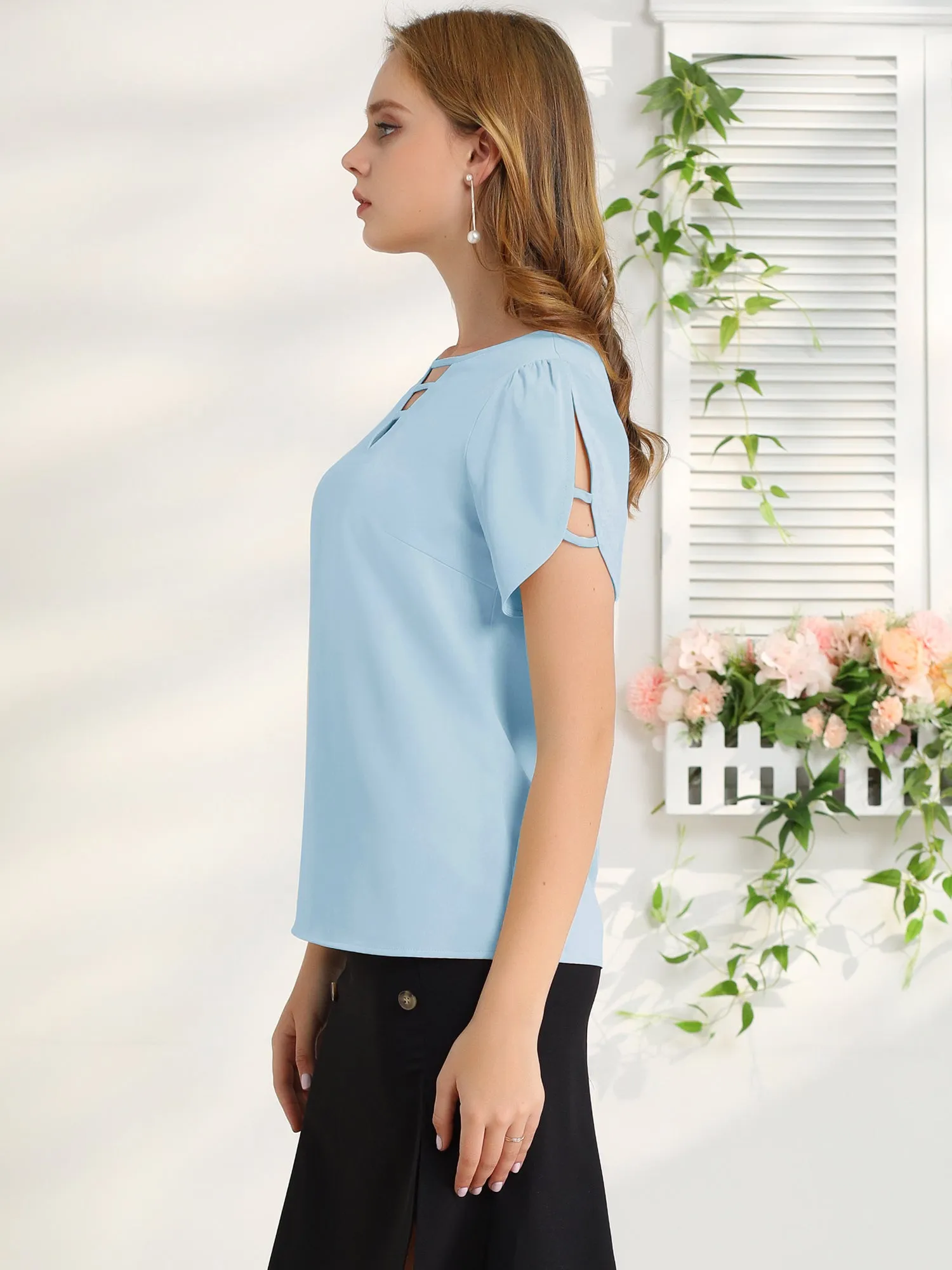 Cutout Round Neck Cap Sleeve Casual Top