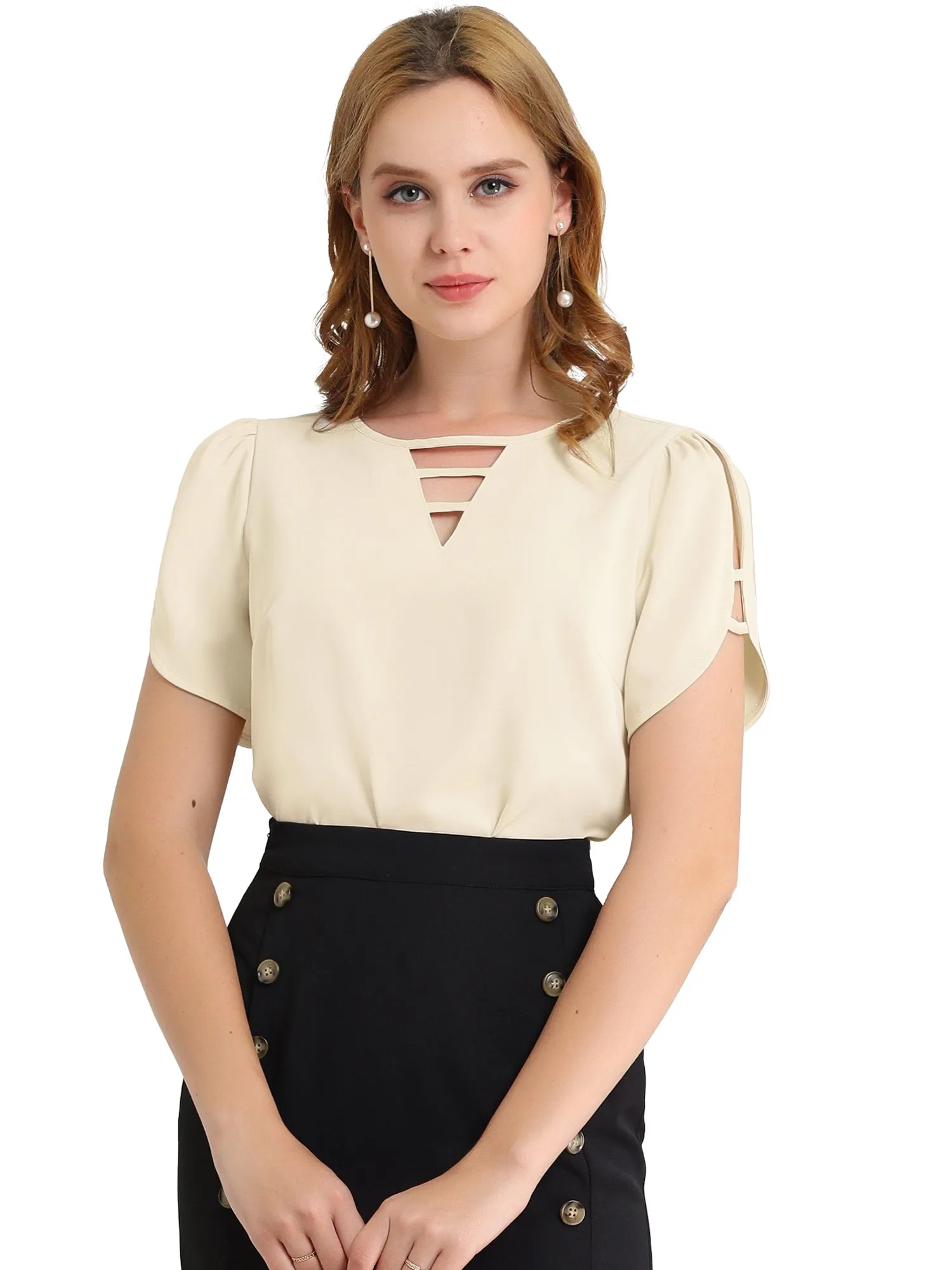 Cutout Round Neck Cap Sleeve Casual Top