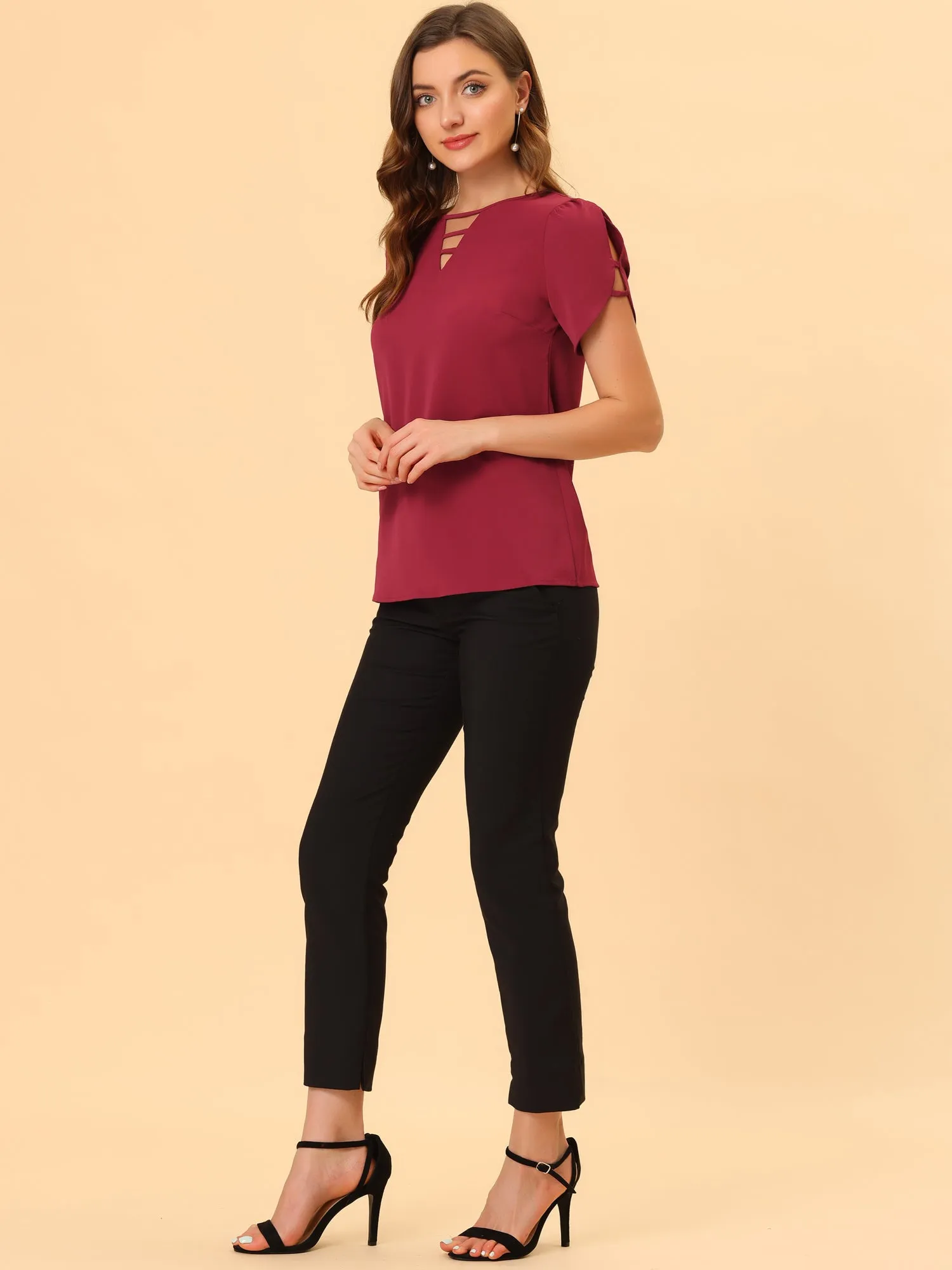 Cutout Round Neck Cap Sleeve Casual Top
