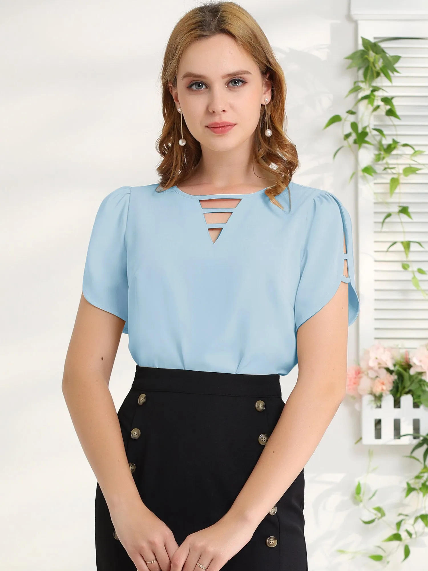 Cutout Round Neck Cap Sleeve Casual Top