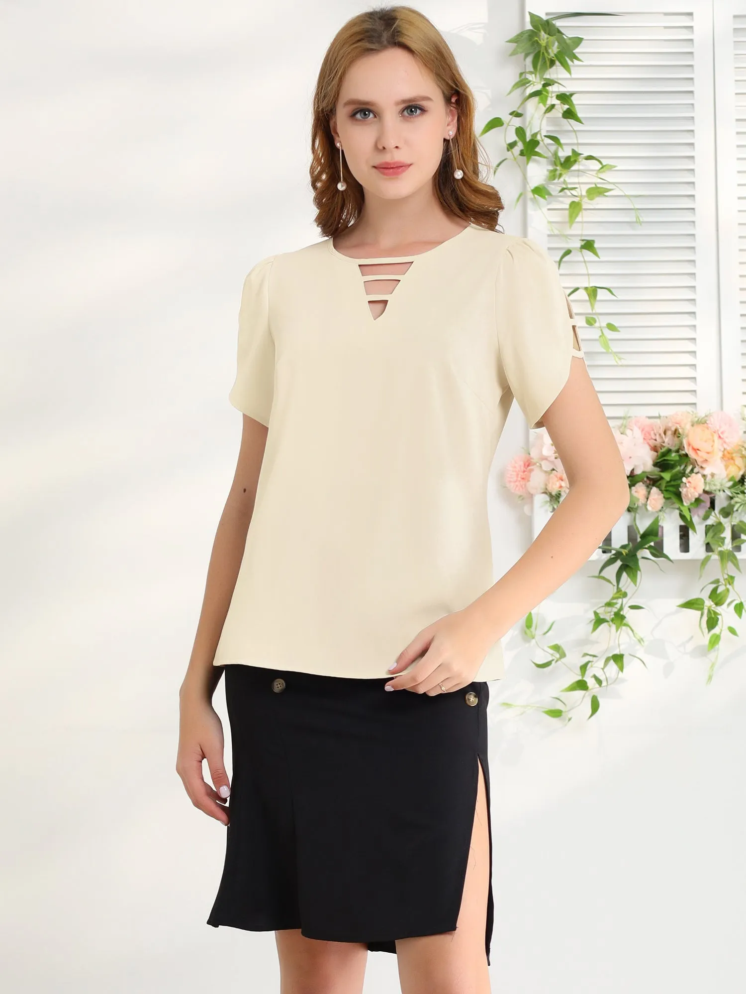 Cutout Round Neck Cap Sleeve Casual Top