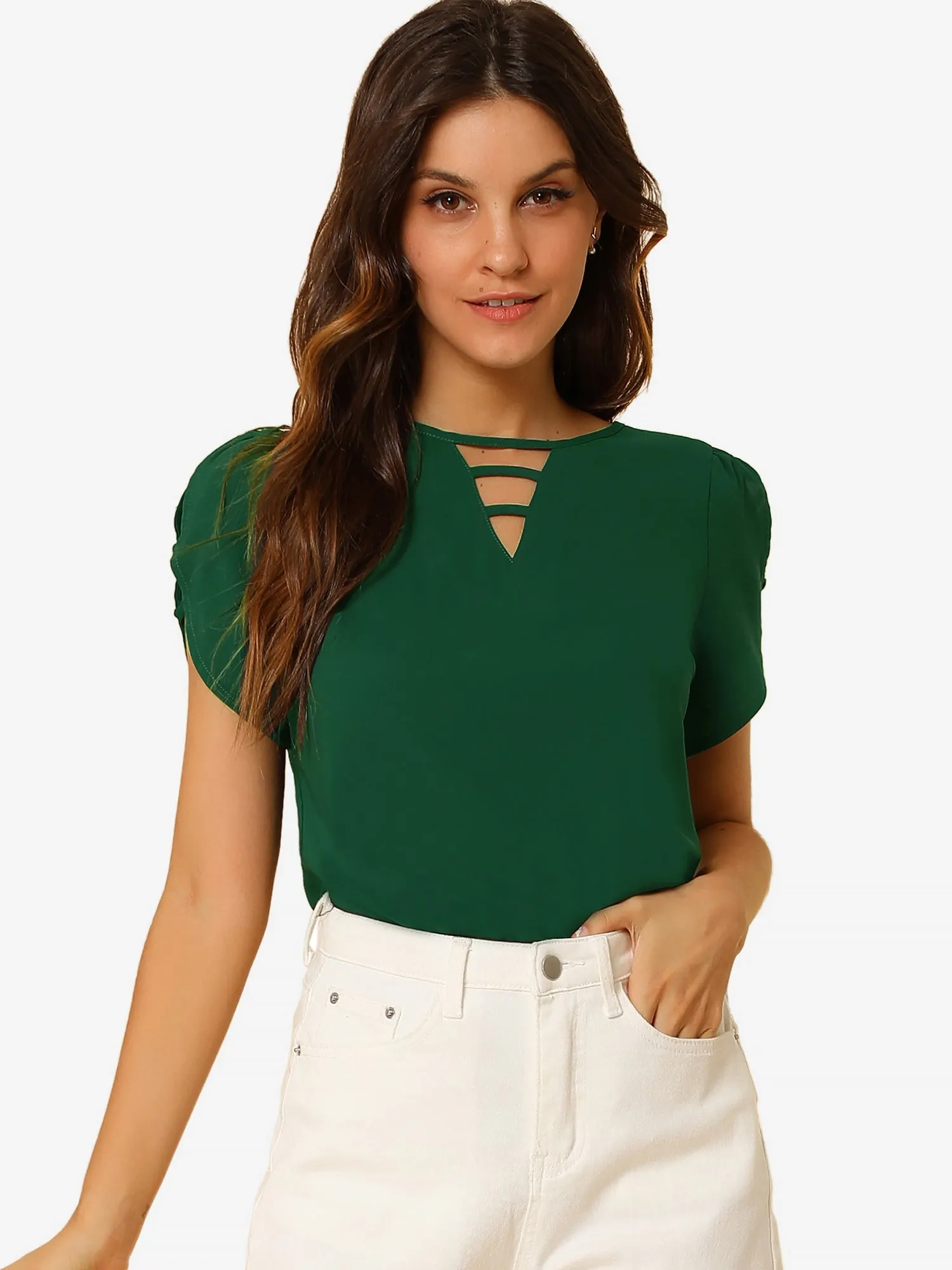 Cutout Round Neck Cap Sleeve Casual Top