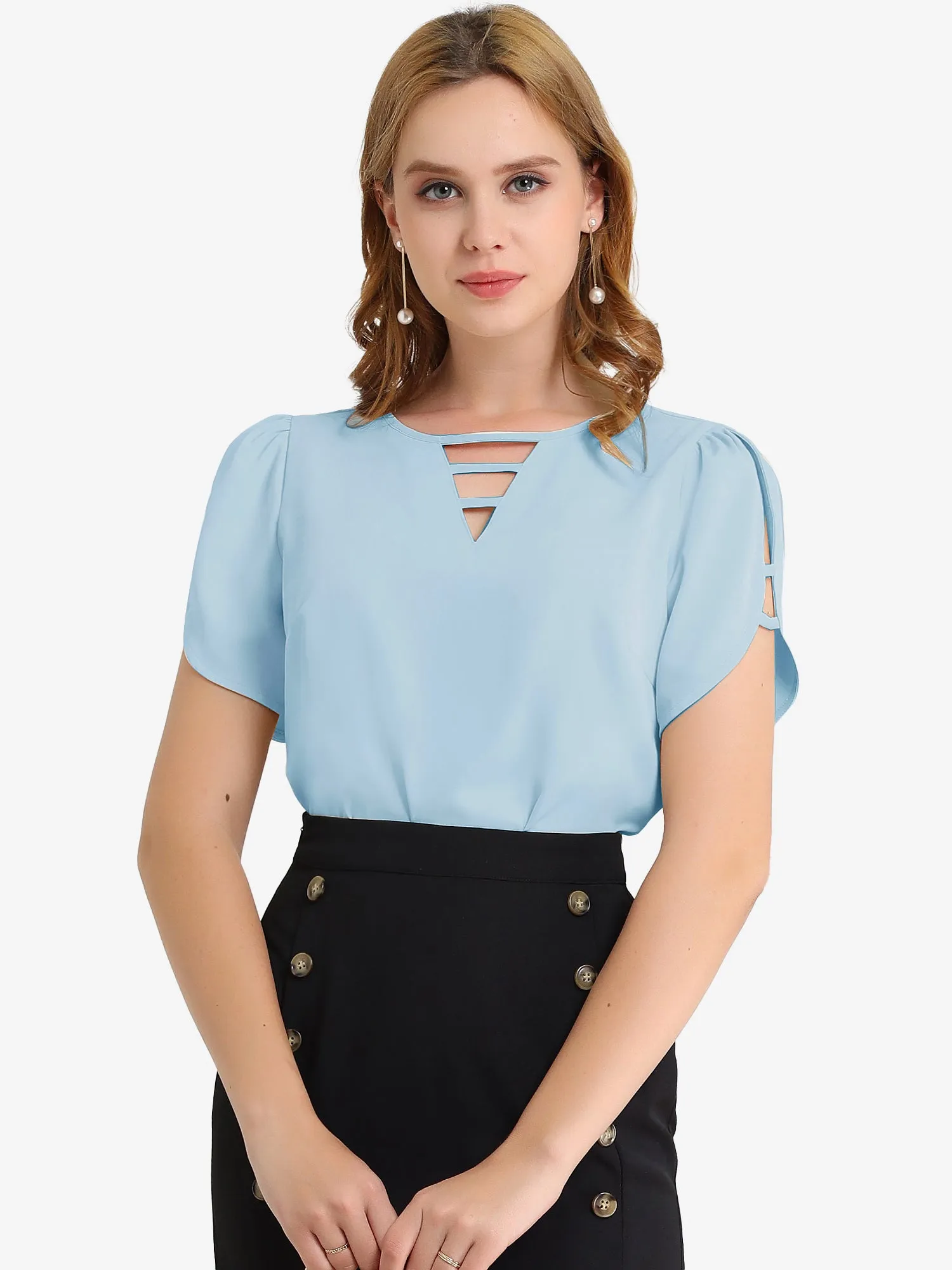 Cutout Round Neck Cap Sleeve Casual Top