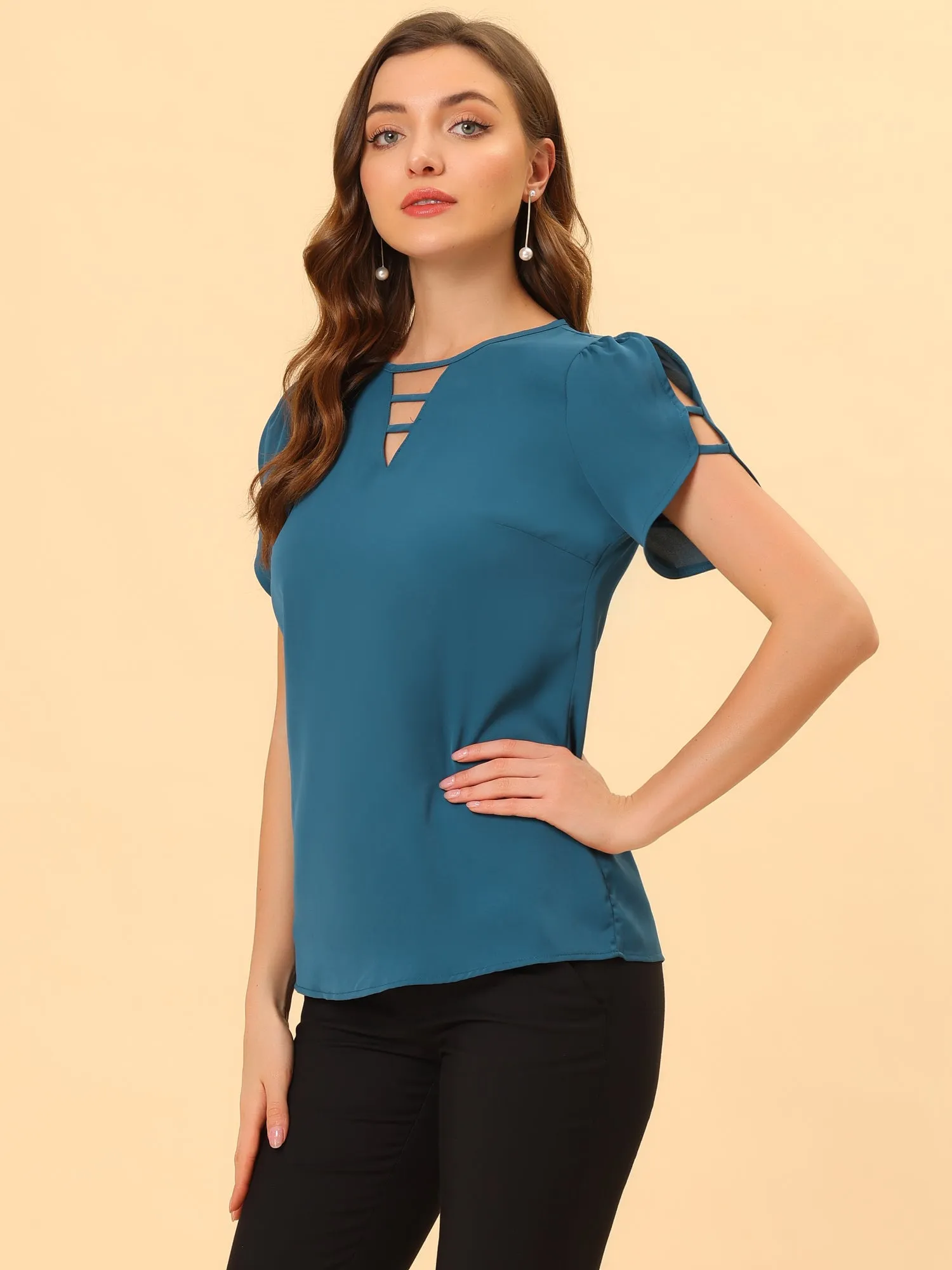 Cutout Round Neck Cap Sleeve Casual Top