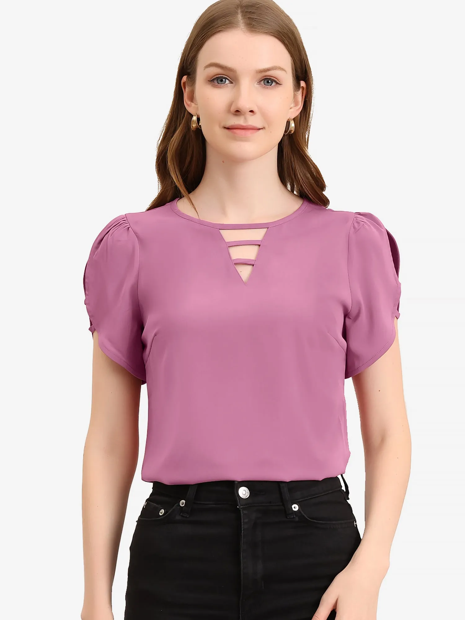 Cutout Round Neck Cap Sleeve Casual Top
