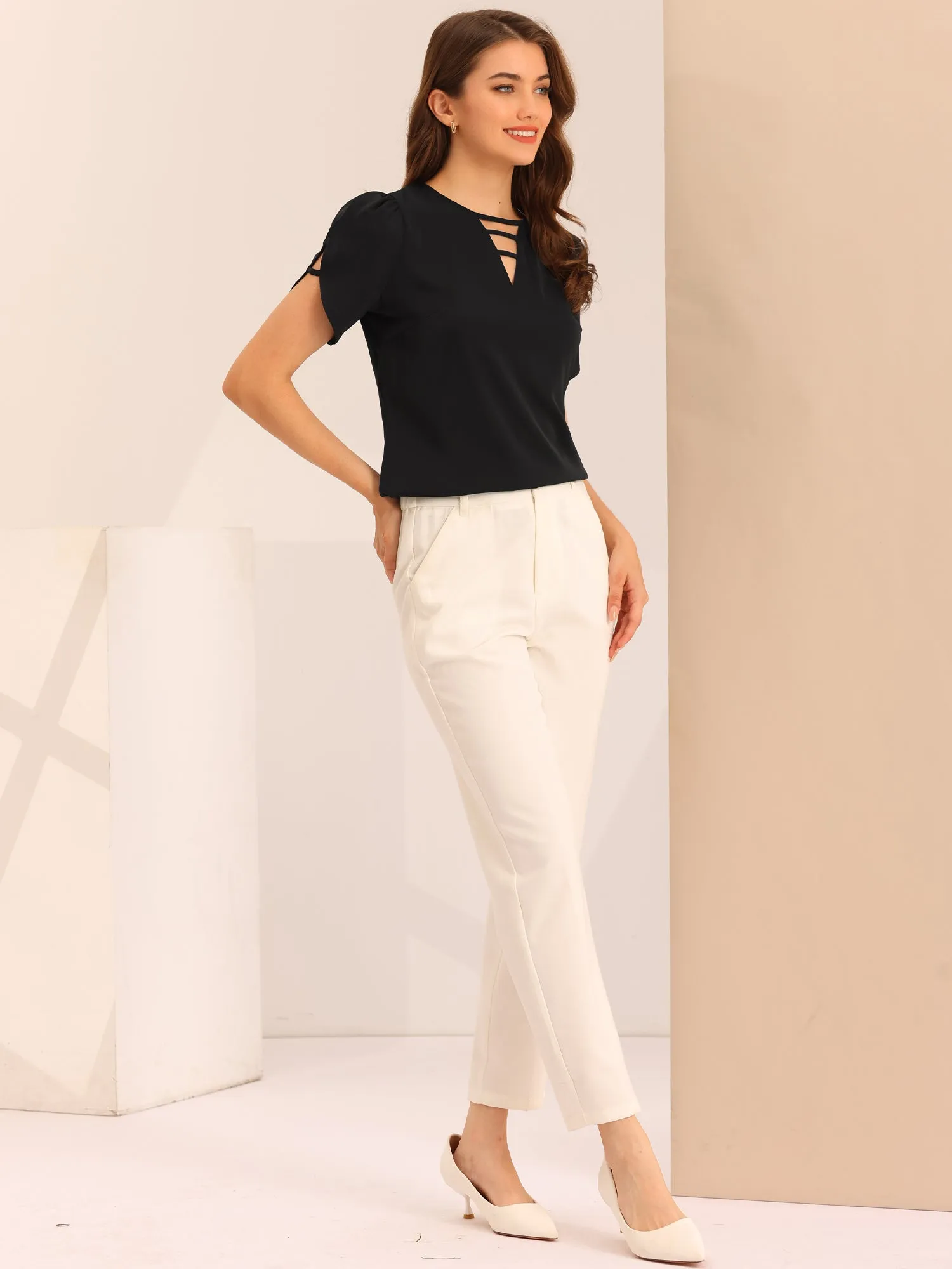 Cutout Round Neck Cap Sleeve Casual Top