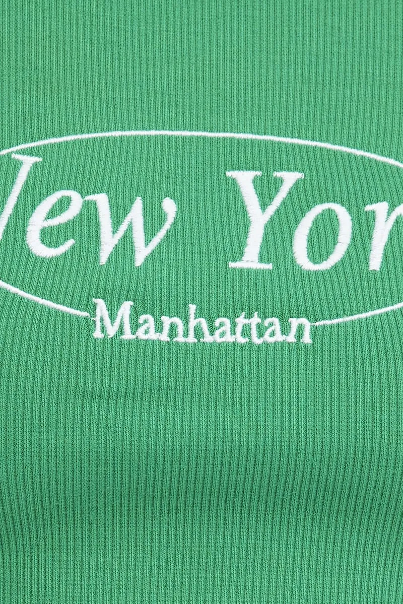 Green Tee Crop Short Sleeve New York Embroidery