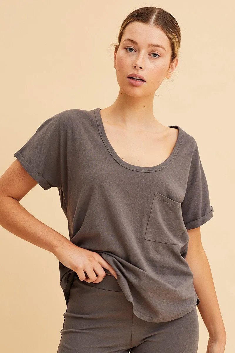 Grey Pocket Tee Scoop Neck Cotton Stretch Short Sleeve