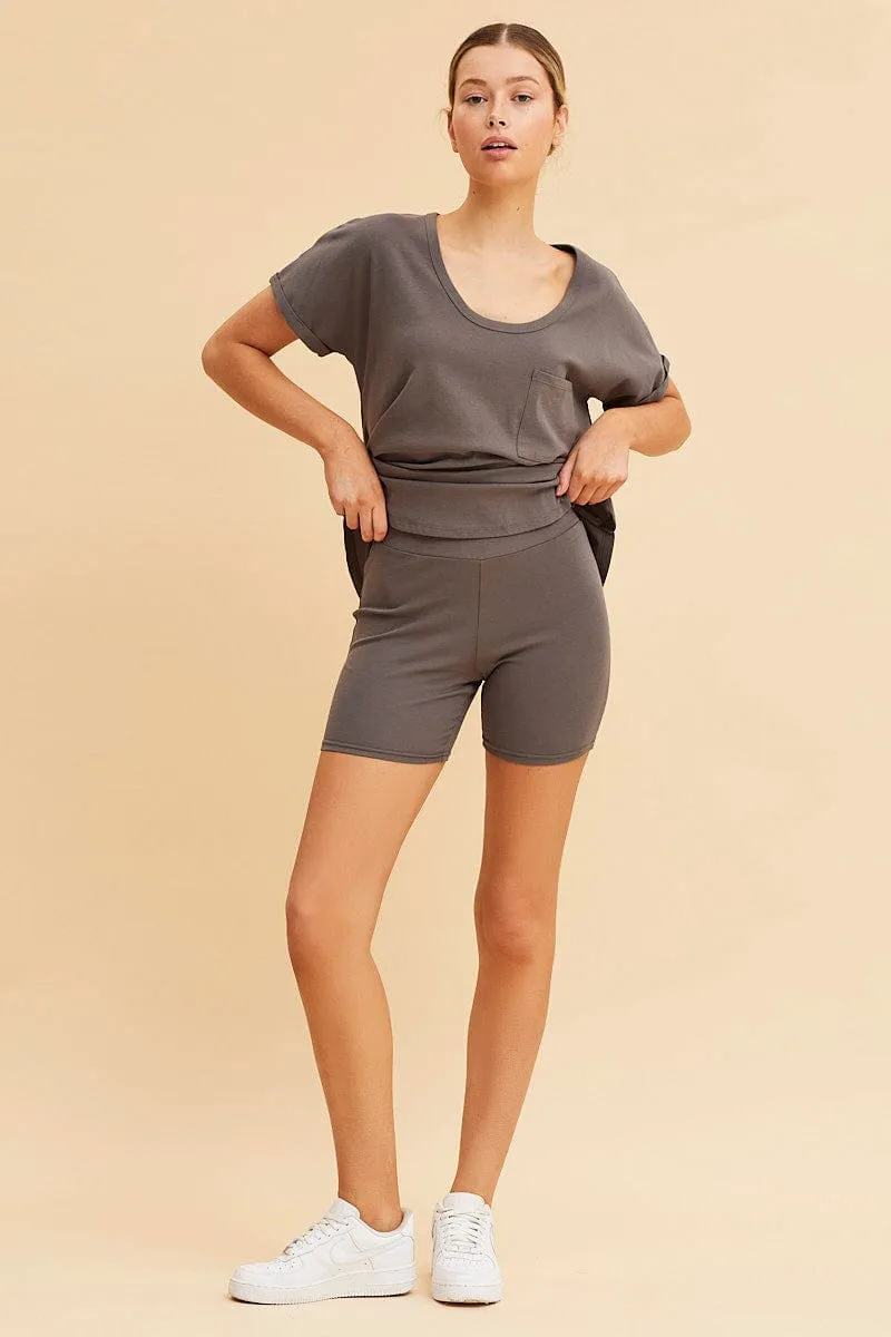 Grey Pocket Tee Scoop Neck Cotton Stretch Short Sleeve