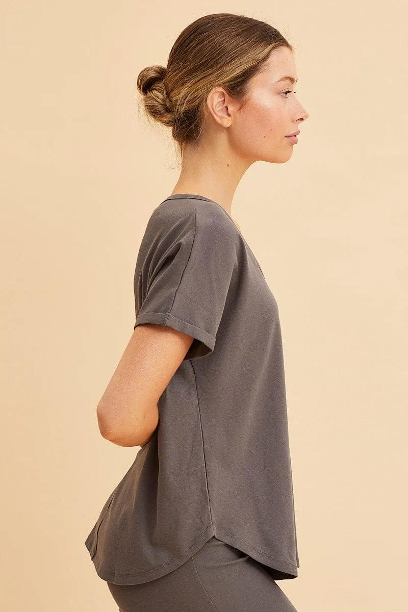 Grey Pocket Tee Scoop Neck Cotton Stretch Short Sleeve
