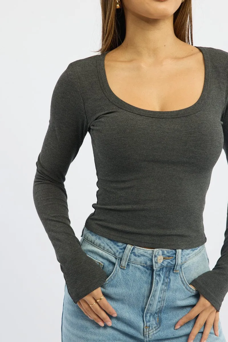 Grey Rib Top Long Sleeve Scoop Neck Brushed