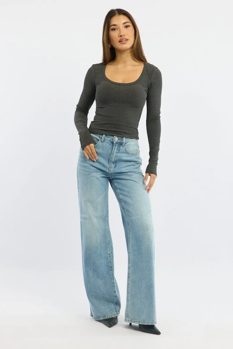 Grey Rib Top Long Sleeve Scoop Neck Brushed