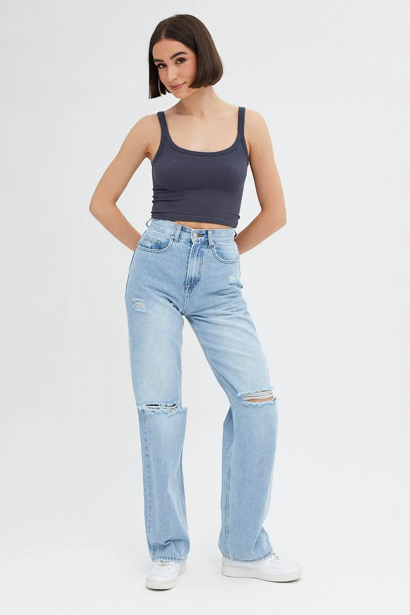 Grey Singlet Top Round Neck