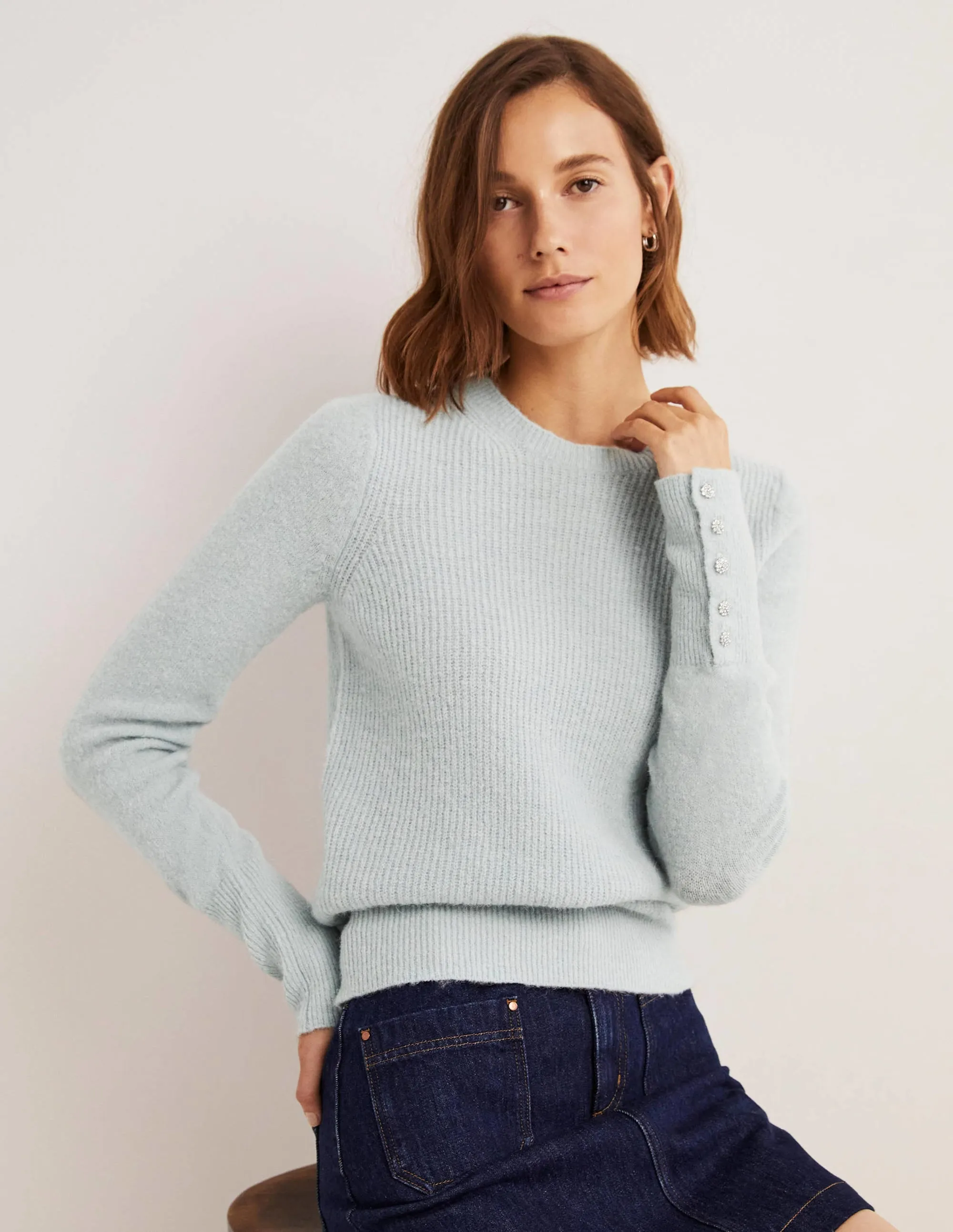 Jewel Button Fluffy Jumper-Surf Blue