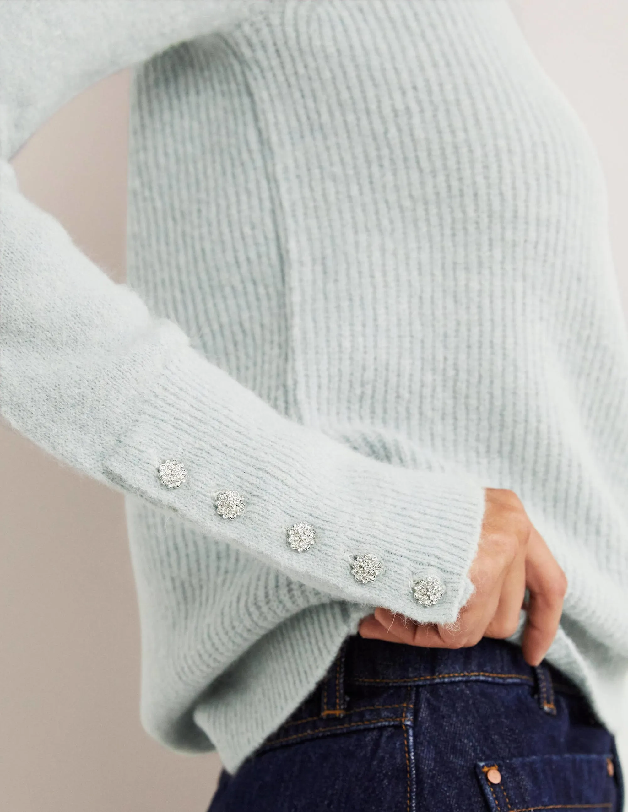 Jewel Button Fluffy Jumper-Surf Blue
