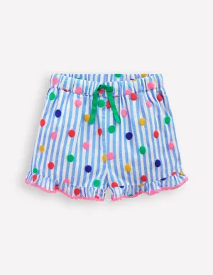 Juniper Woven Frill Shorts-Peacock Plume Blue Spot